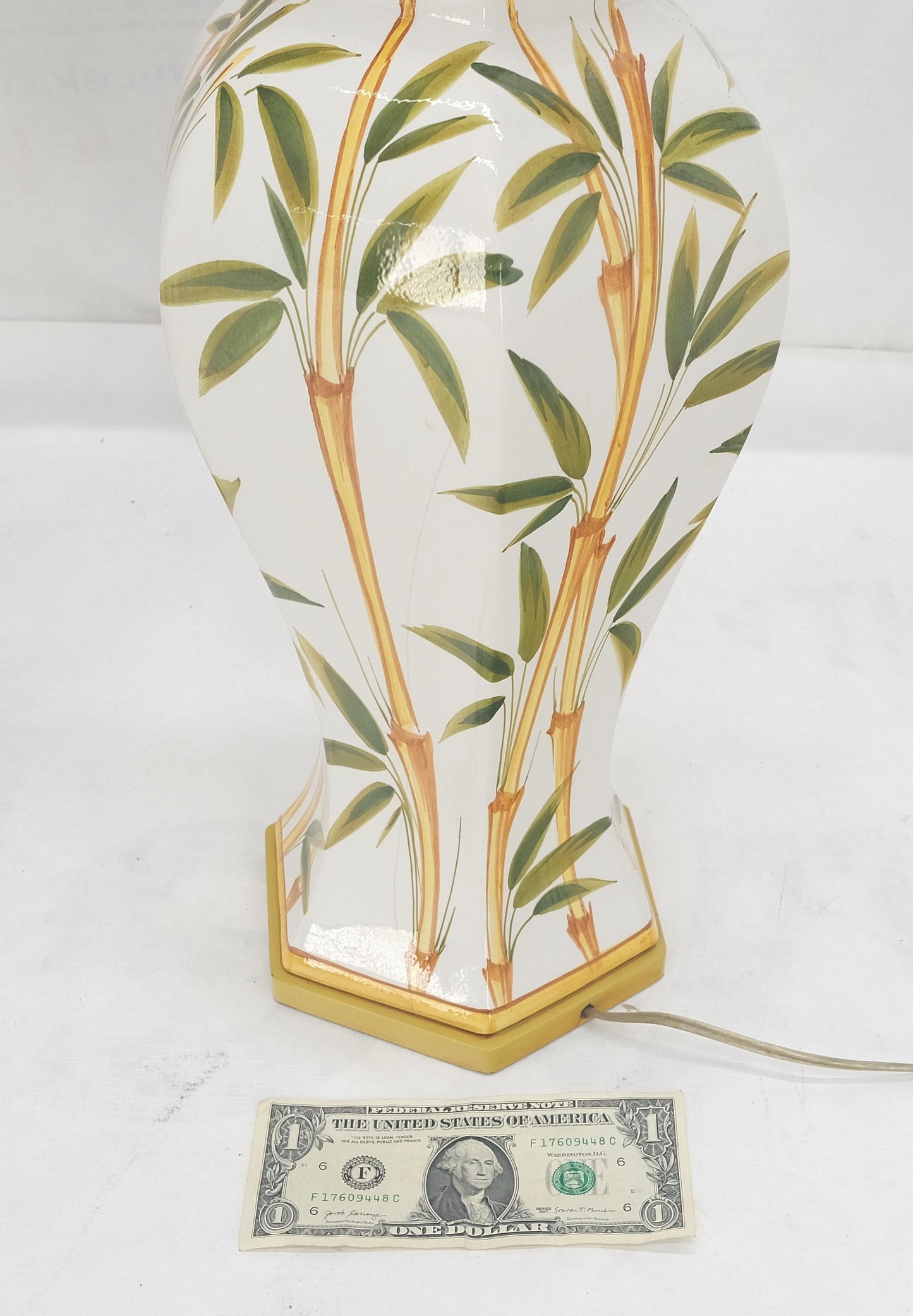 EstablishedLines Pair of Porcelain Pottery Ceramic Hexagon Base Onion Shape Lamps Bamboo Motive