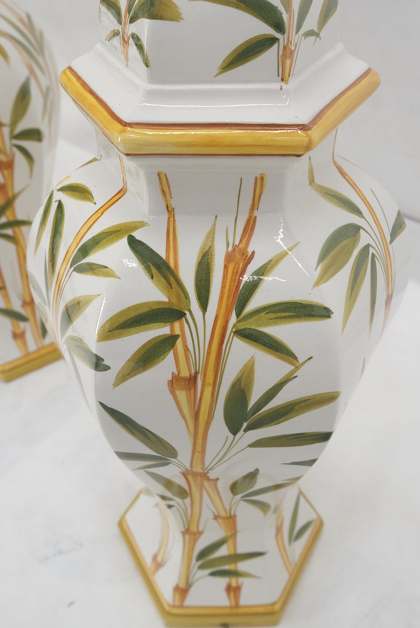 EstablishedLines Pair of Porcelain Pottery Ceramic Hexagon Base Onion Shape Lamps Bamboo Motive