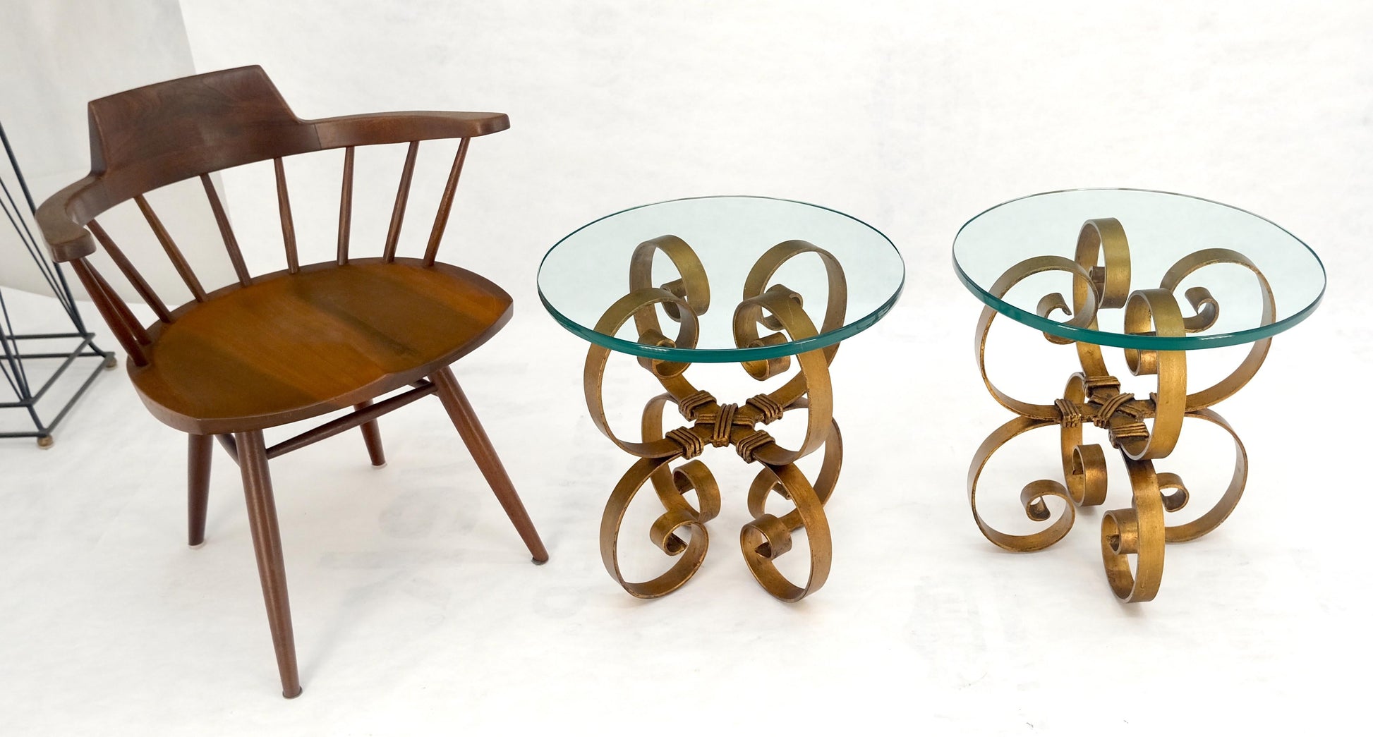 EstablishedLines Pair Italian Think 3/4" Glass Top Gold Gilt Scrolls Shape Bases End Tables Stand