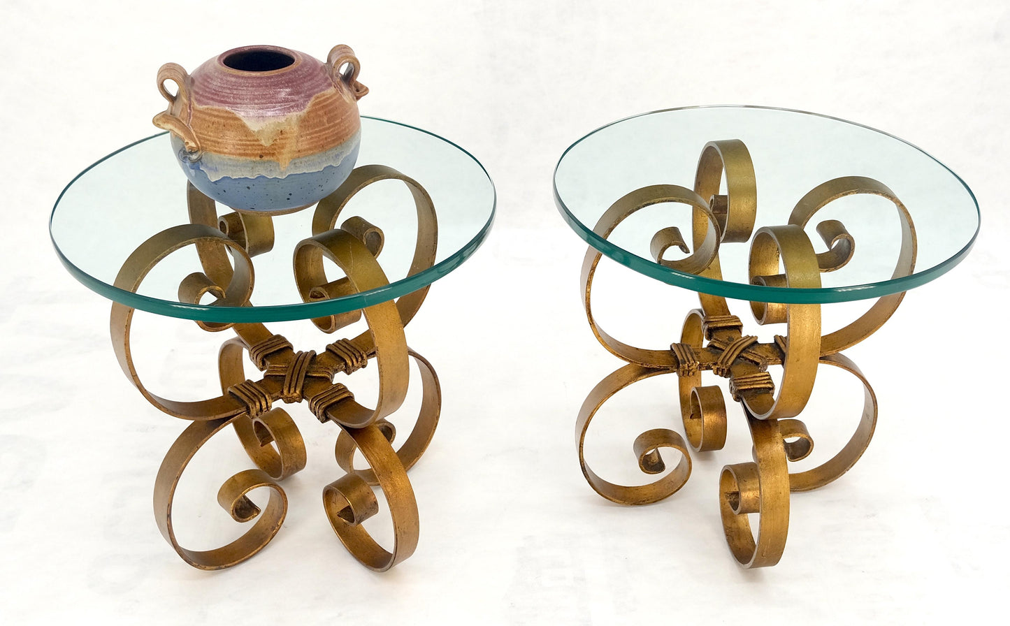 EstablishedLines Pair Italian Think 3/4" Glass Top Gold Gilt Scrolls Shape Bases End Tables Stand