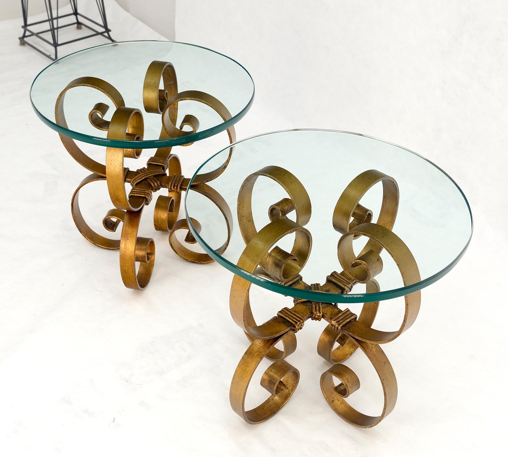EstablishedLines Pair Italian Think 3/4" Glass Top Gold Gilt Scrolls Shape Bases End Tables Stand