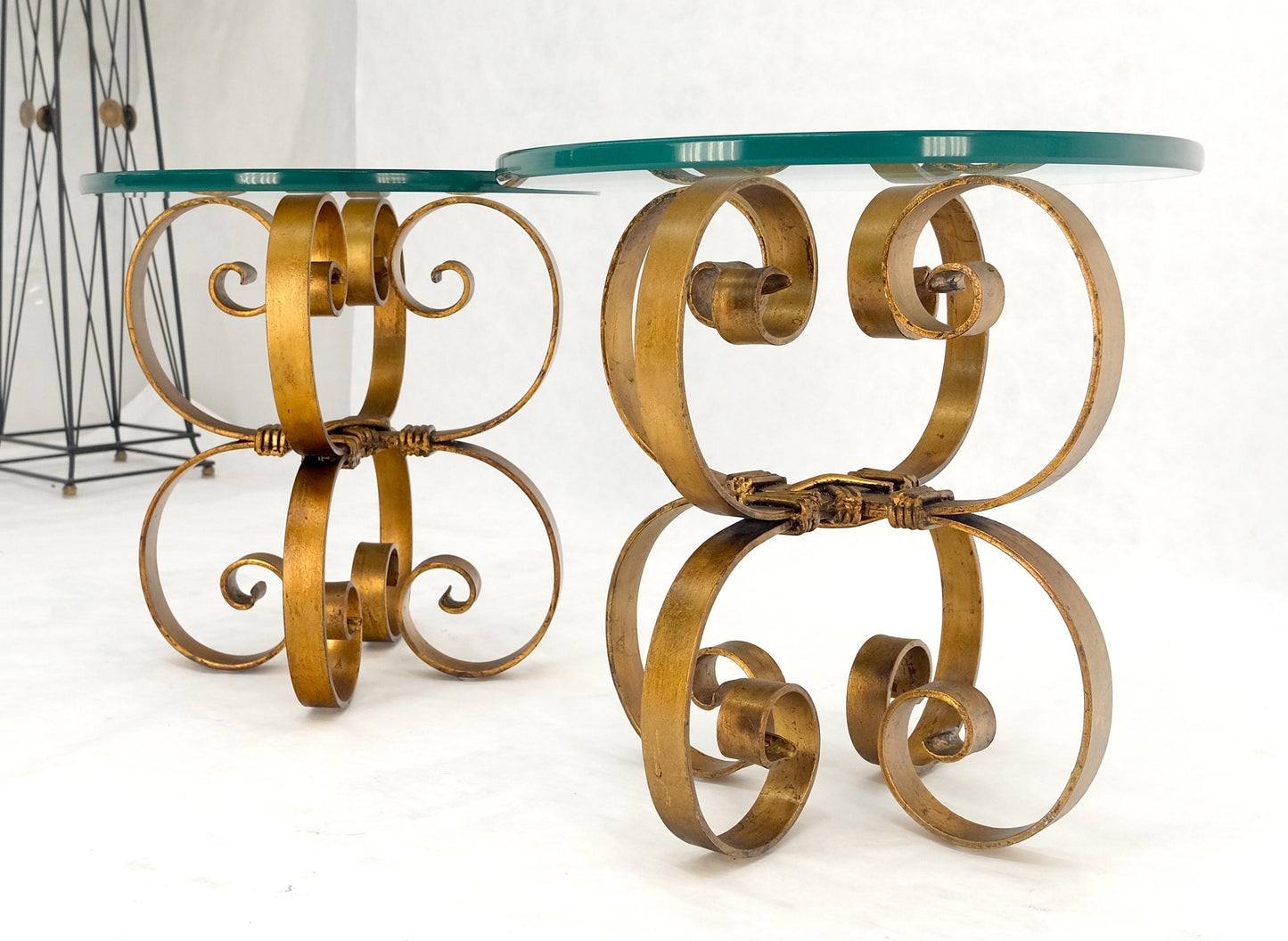 EstablishedLines Pair Italian Think 3/4" Glass Top Gold Gilt Scrolls Shape Bases End Tables Stand
