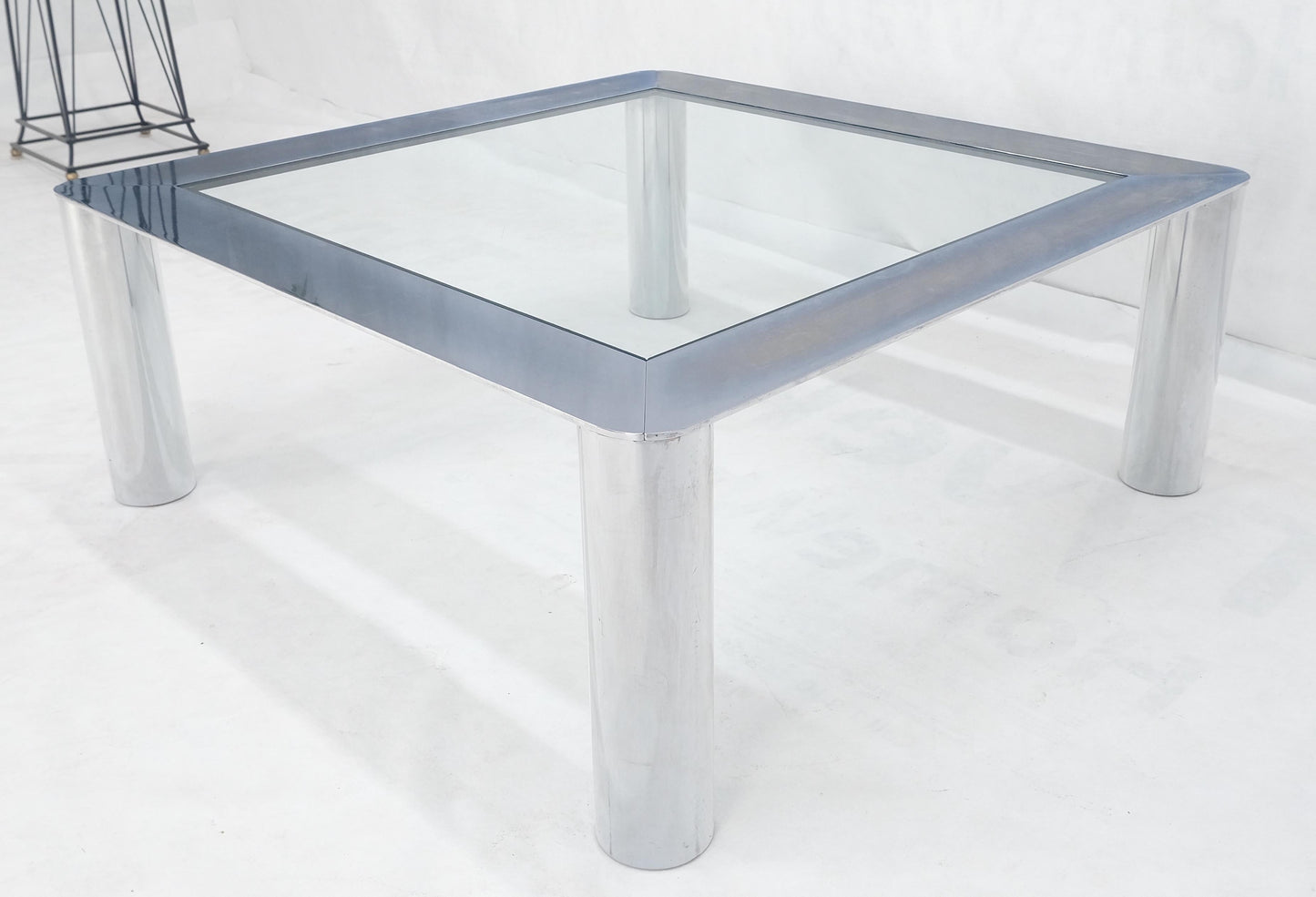 EstablishedLines Bauhaus Polished Stainless Steel Chrome 36" Square Glass Top Coffee Table MINT!