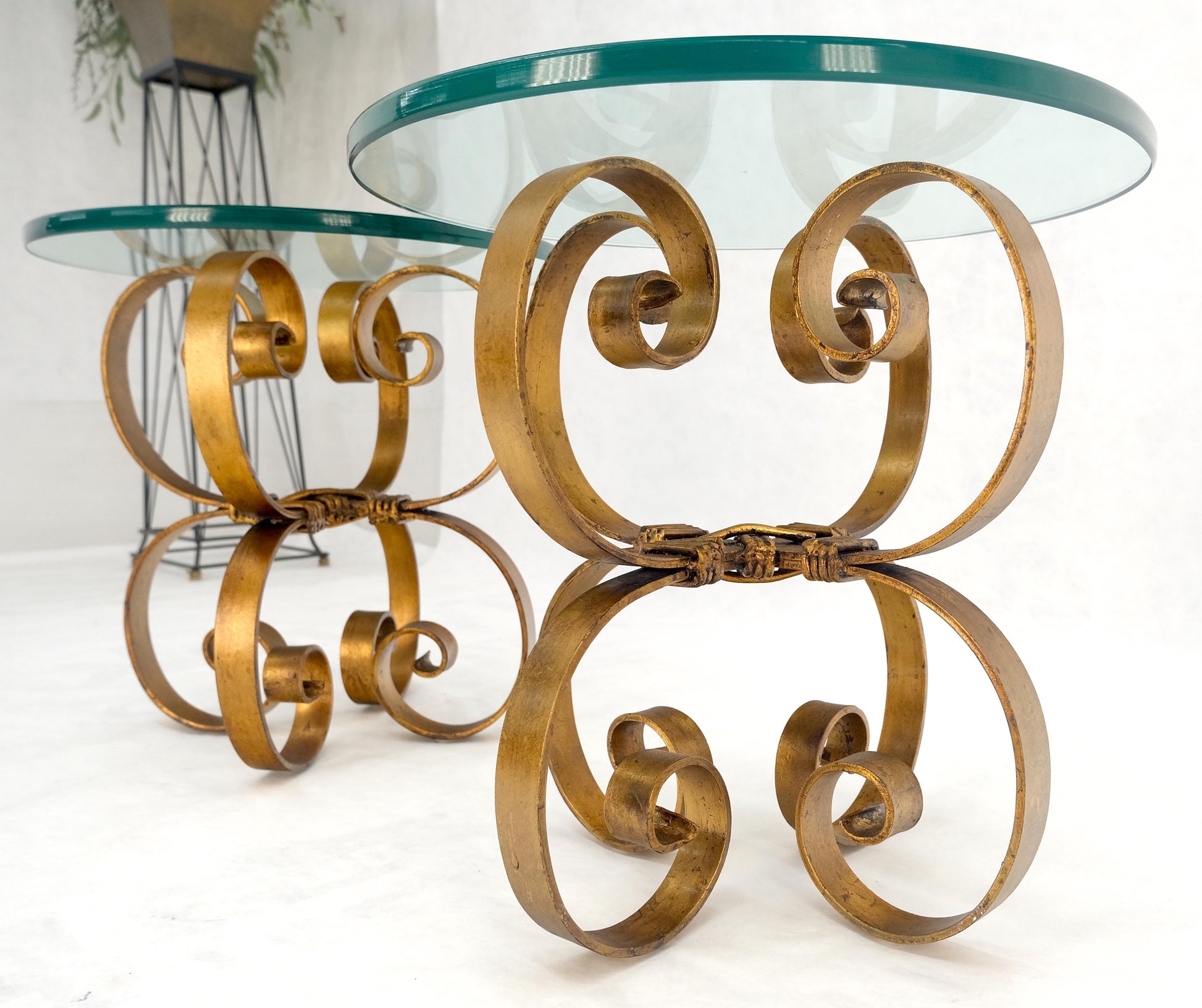 EstablishedLines Pair Italian Think 3/4" Glass Top Gold Gilt Scrolls Shape Bases End Tables Stand