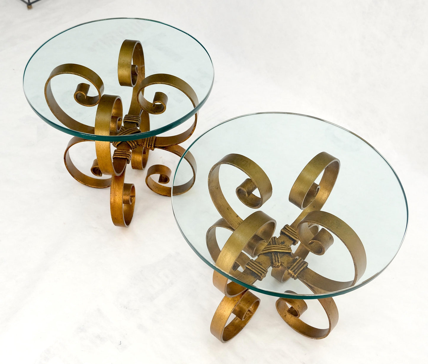 EstablishedLines Pair Italian Think 3/4" Glass Top Gold Gilt Scrolls Shape Bases End Tables Stand