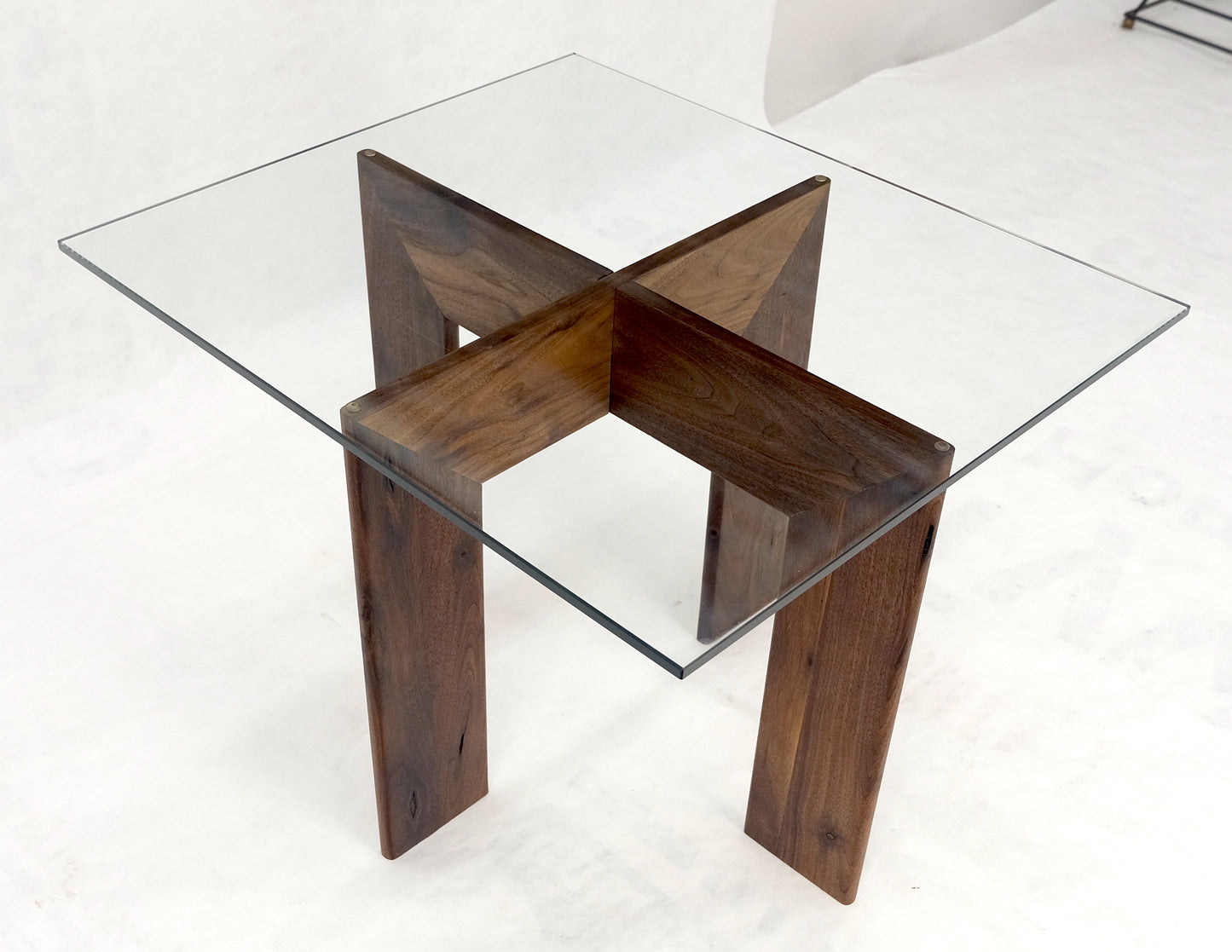 Modern Solid Walnut Wood Rectangular Glass Top X Base Side Table Contemporary Design