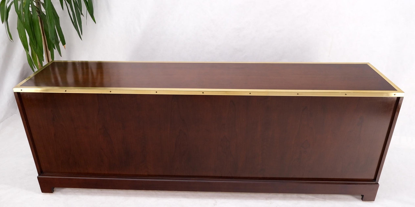 EstablishedLines Campaign Style Brass Walnut Mid Century Drawers Doors Compartment Long Credenza