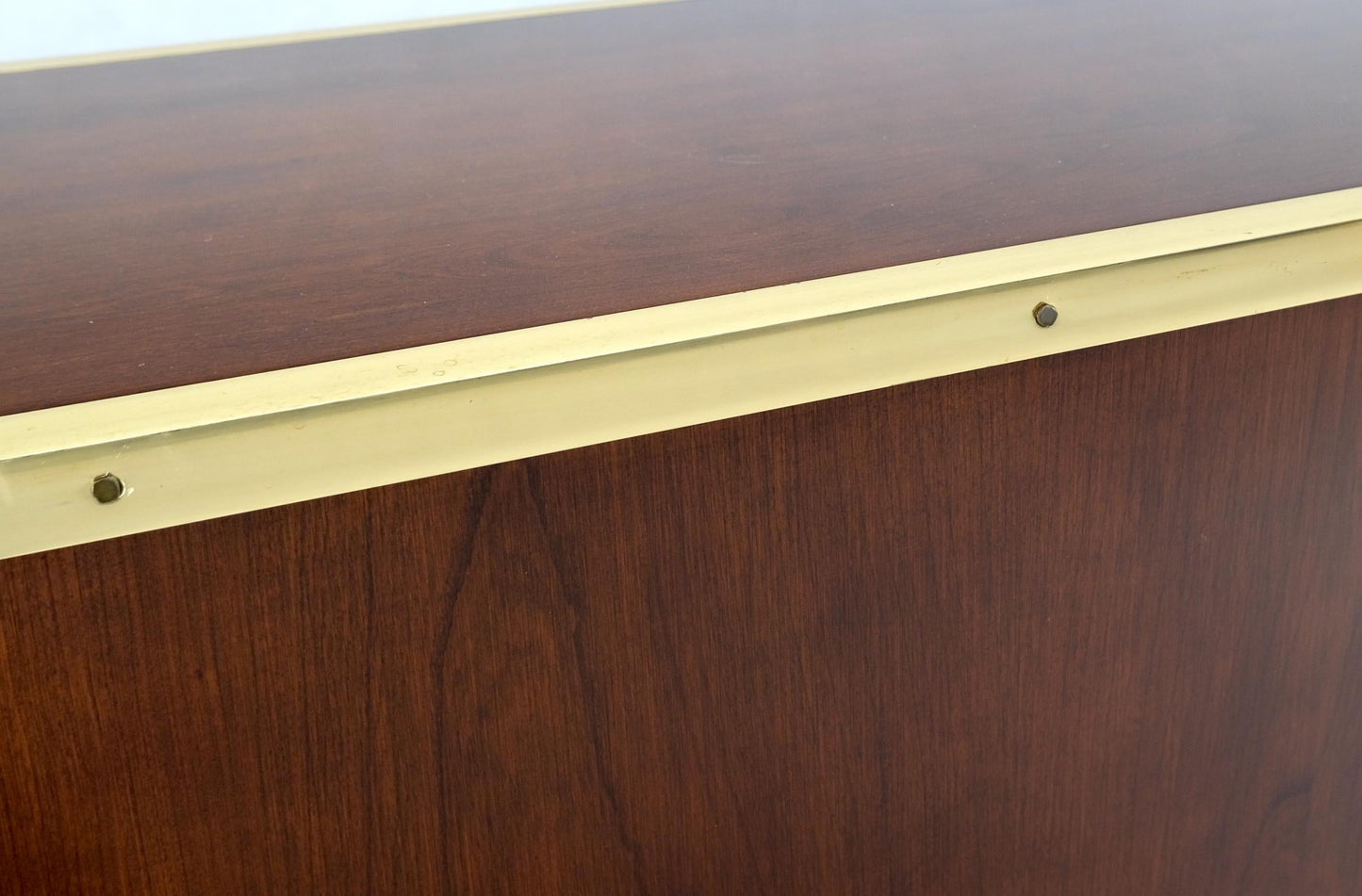 EstablishedLines Campaign Style Brass Walnut Mid Century Drawers Doors Compartment Long Credenza