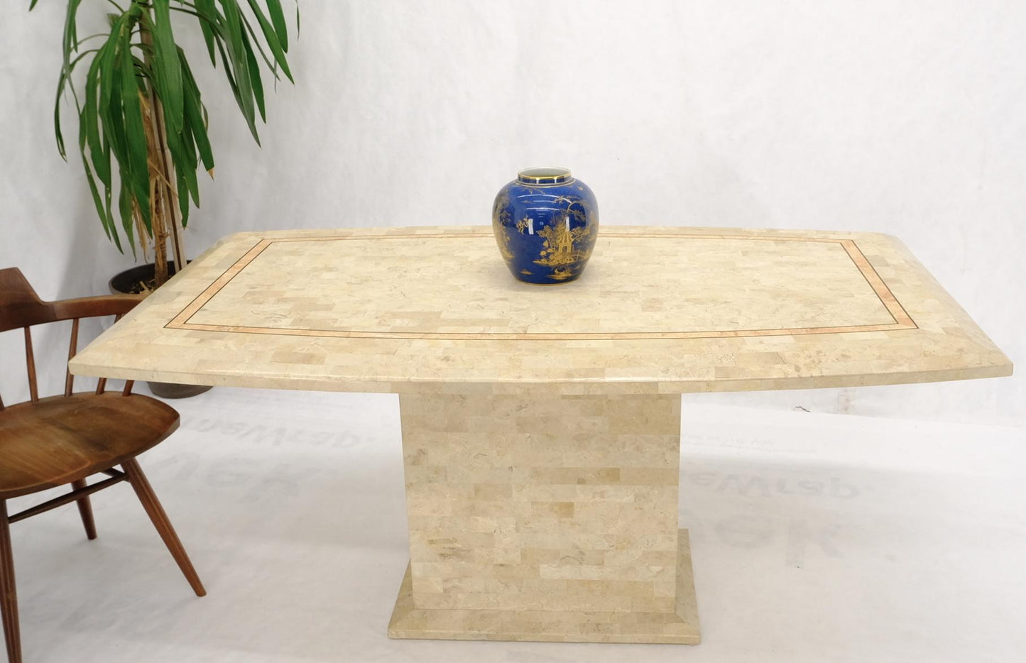 EstablishedLines Tessellated Stone Tile Mid-Century Modern Boat Shape Dining Table