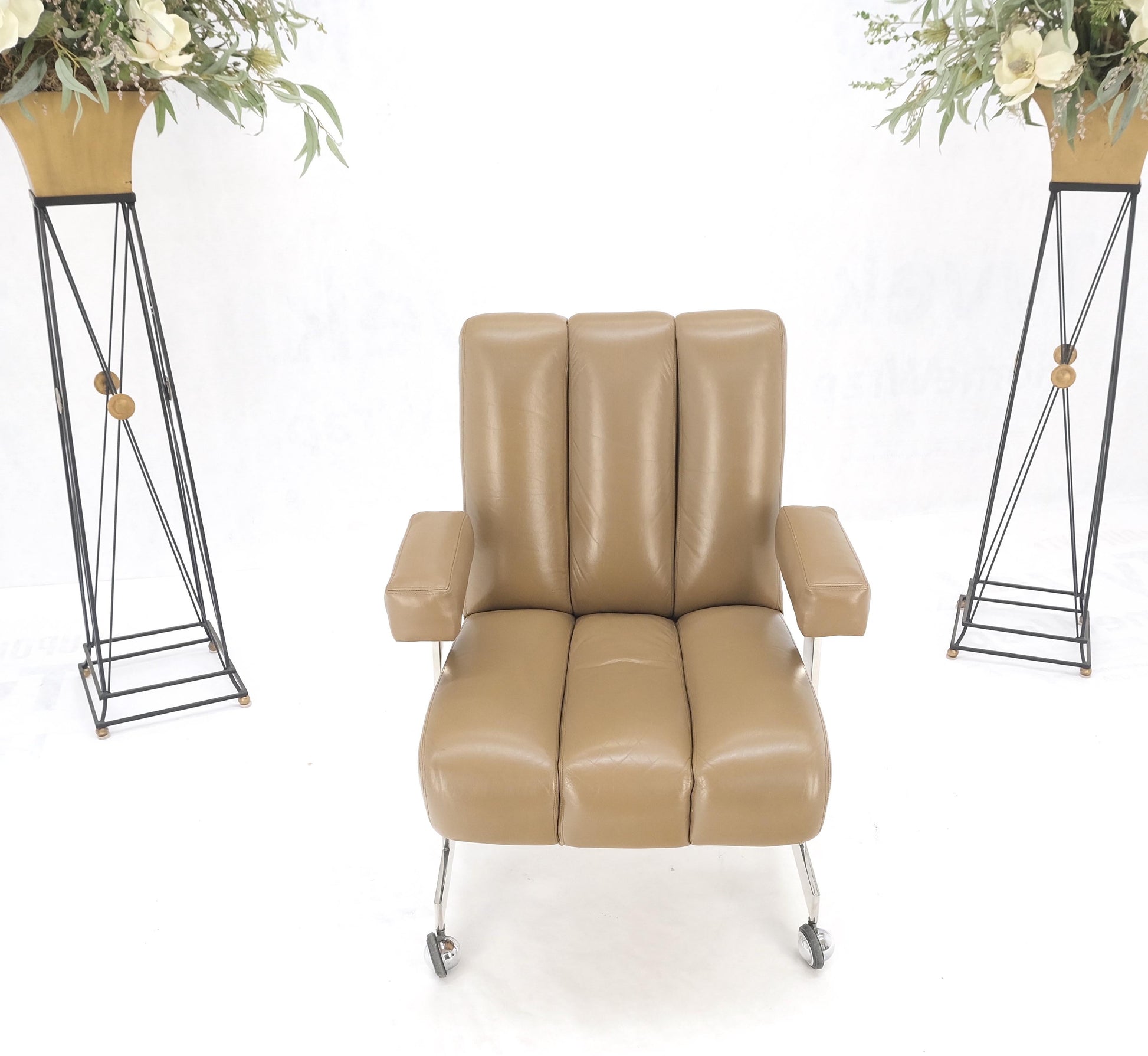 EstablishedLines Vladimir Kagan Leather Ribbed Style Upholstery Heavy Stainless Base Desk Chair