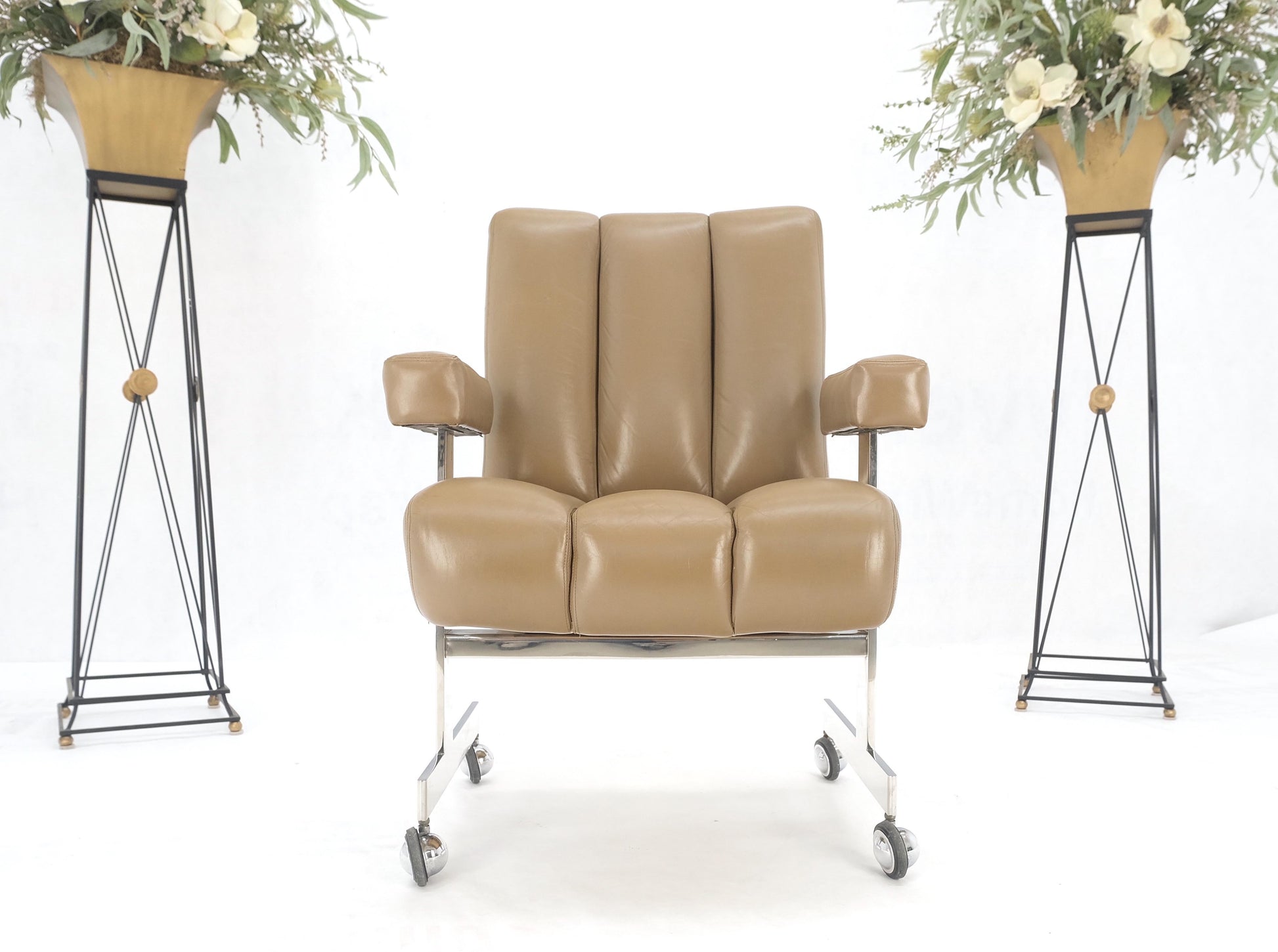 EstablishedLines Vladimir Kagan Leather Ribbed Style Upholstery Heavy Stainless Base Desk Chair