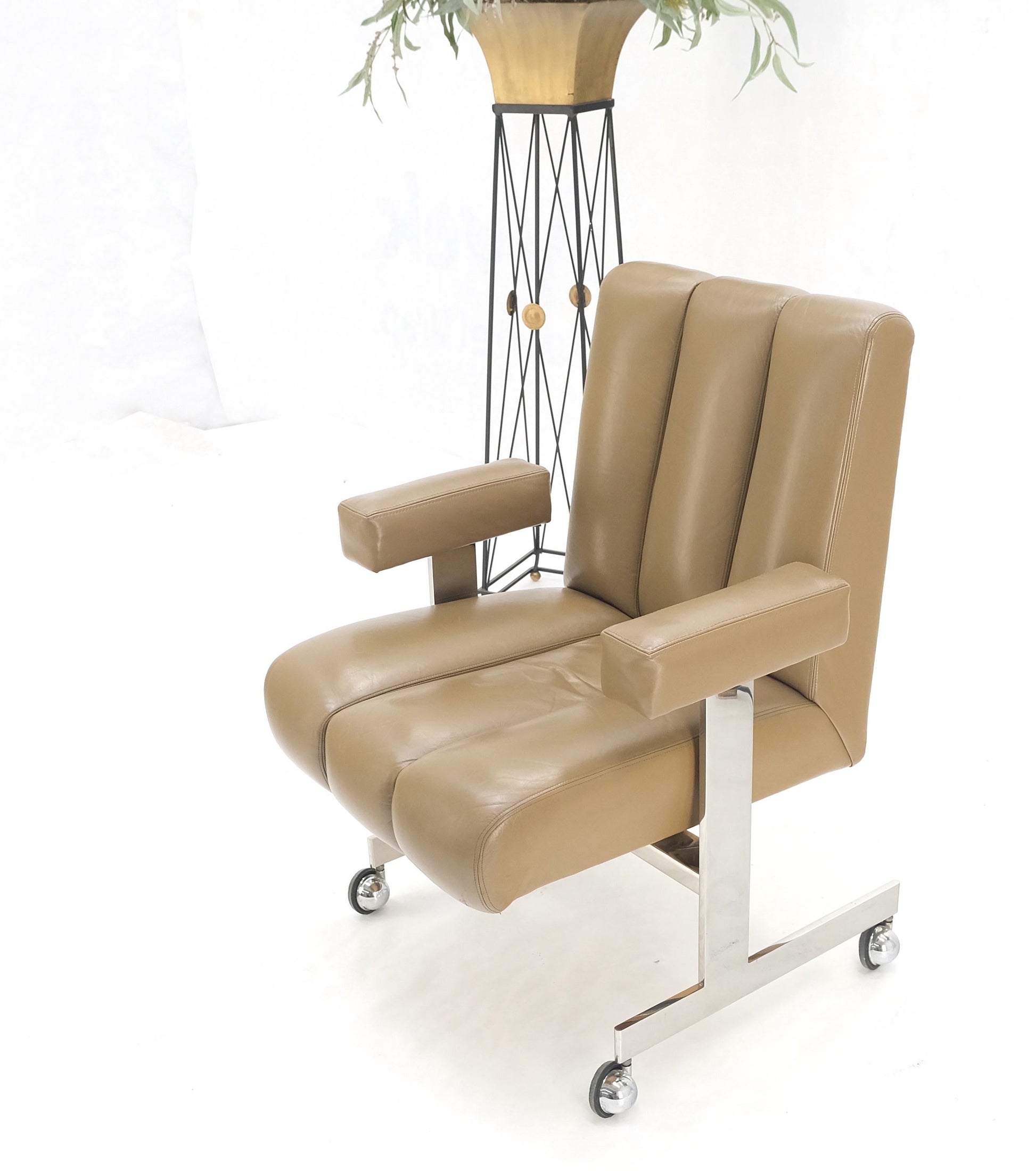 EstablishedLines Vladimir Kagan Leather Ribbed Style Upholstery Heavy Stainless Base Desk Chair