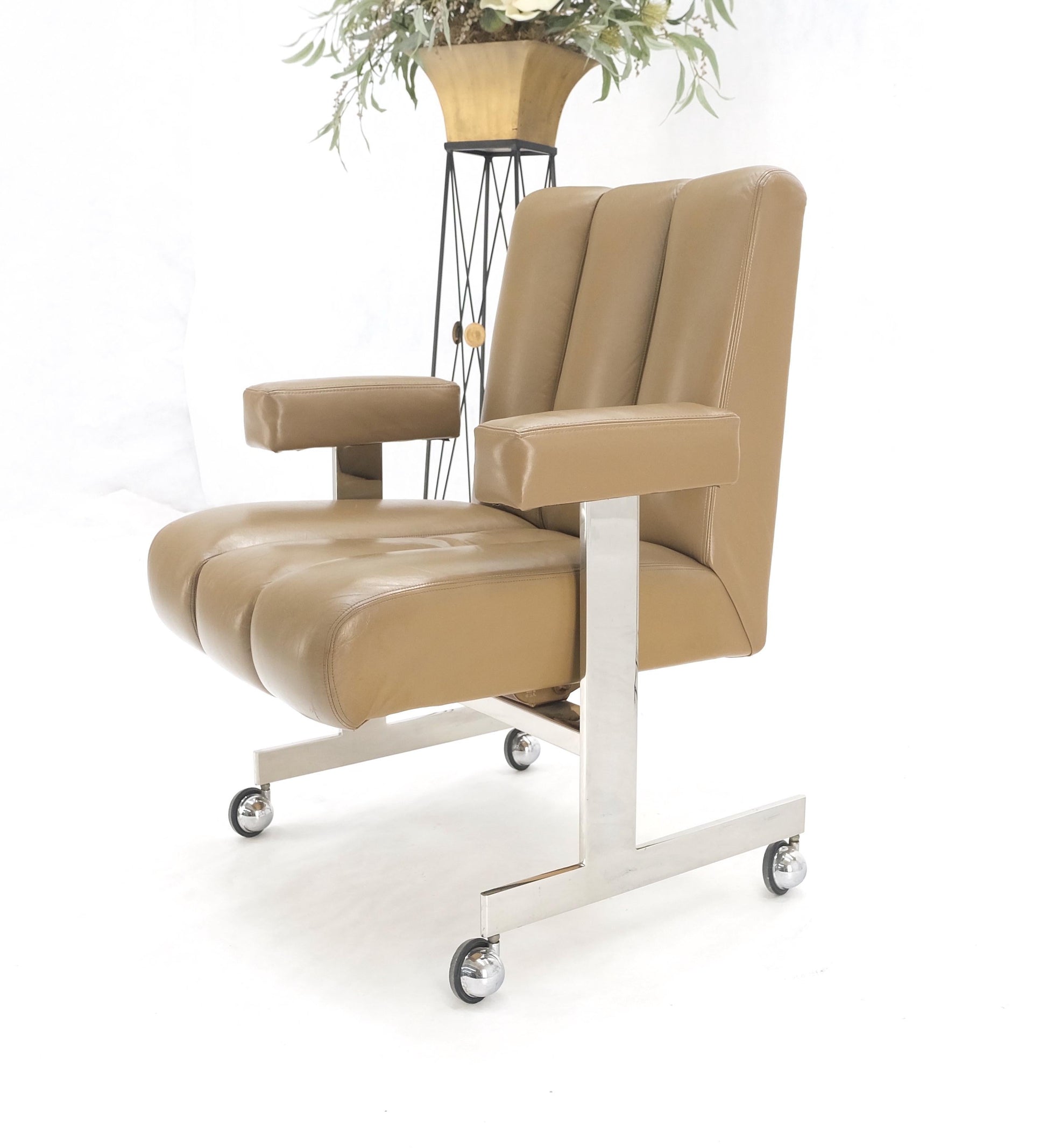 EstablishedLines Vladimir Kagan Leather Ribbed Style Upholstery Heavy Stainless Base Desk Chair