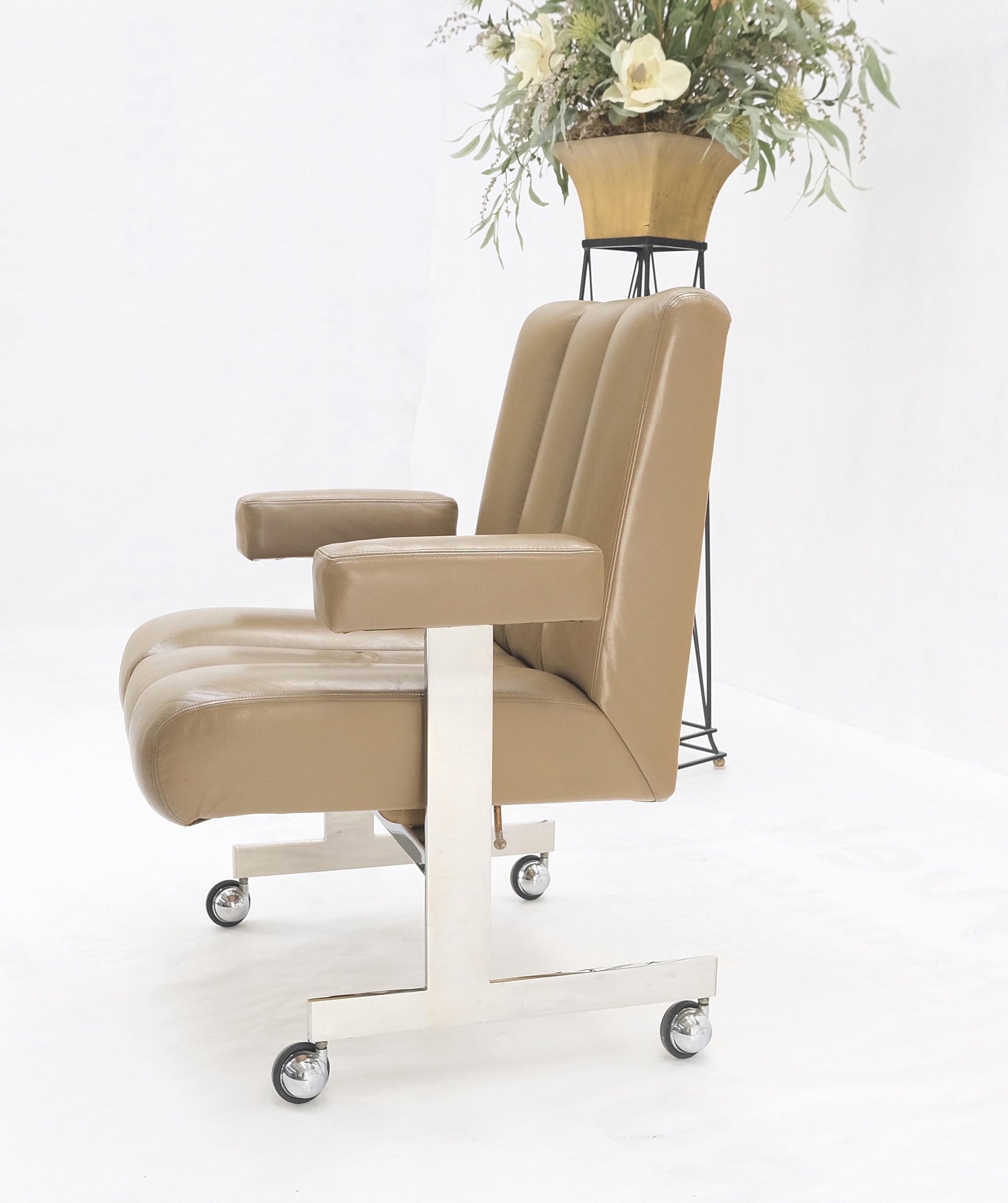 EstablishedLines Vladimir Kagan Leather Ribbed Style Upholstery Heavy Stainless Base Desk Chair