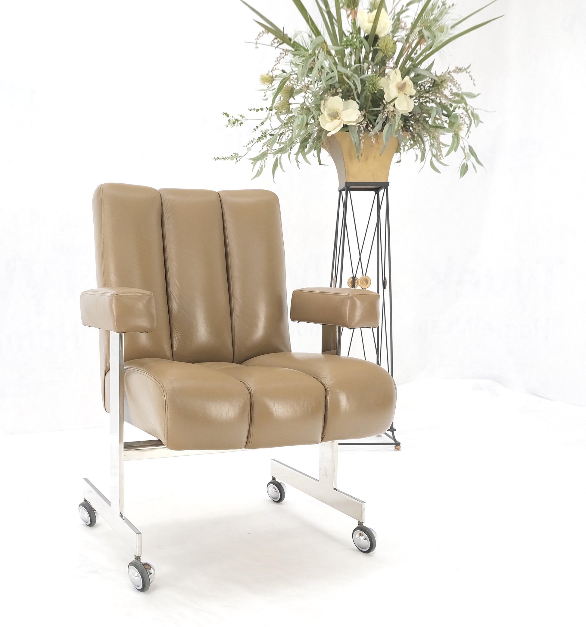 EstablishedLines Vladimir Kagan Leather Ribbed Style Upholstery Heavy Stainless Base Desk Chair