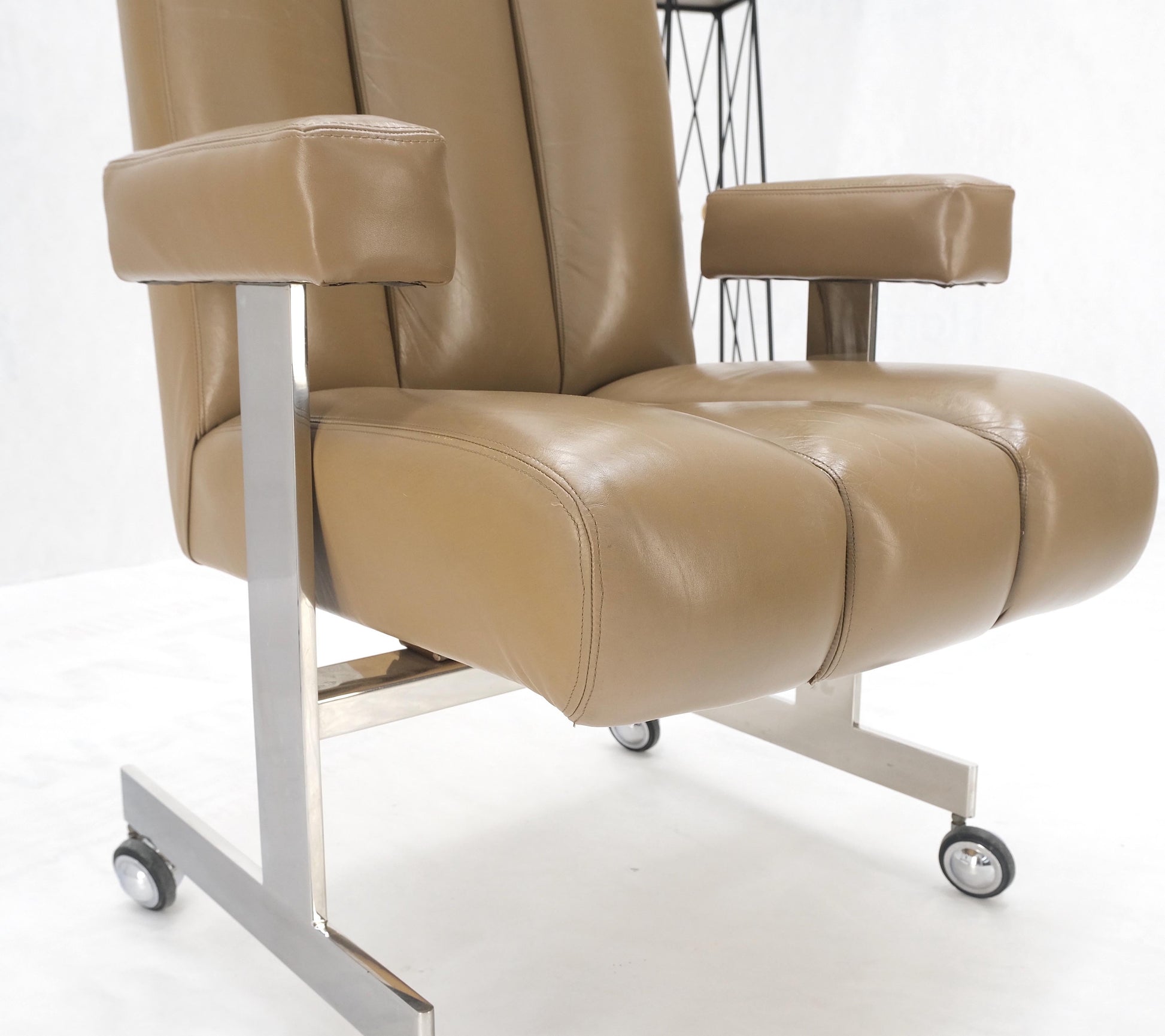 EstablishedLines Vladimir Kagan Leather Ribbed Style Upholstery Heavy Stainless Base Desk Chair