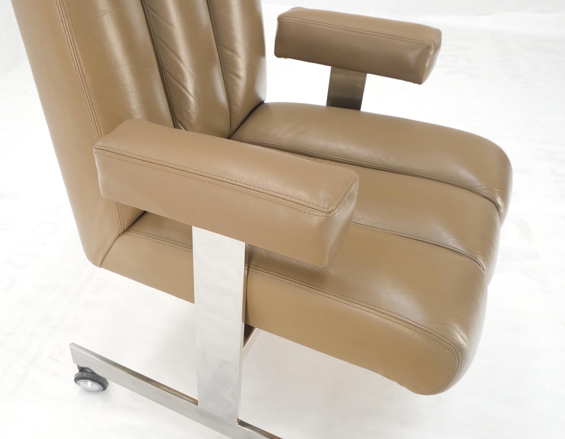 EstablishedLines Vladimir Kagan Leather Ribbed Style Upholstery Heavy Stainless Base Desk Chair