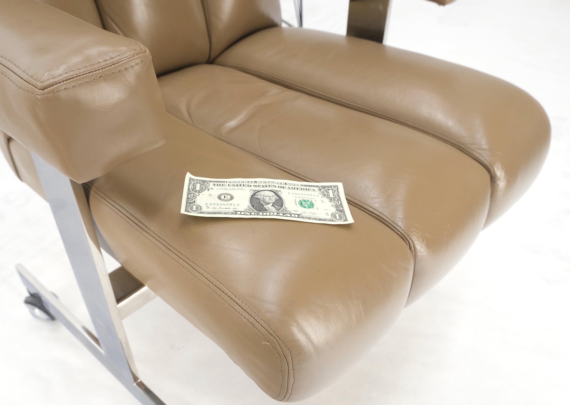 EstablishedLines Vladimir Kagan Leather Ribbed Style Upholstery Heavy Stainless Base Desk Chair