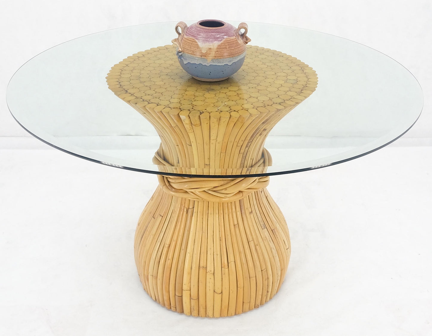 EstablishedLines Sheaf of Bamboo Round Glass Top Onion Shape Single Pedestal Dining Table MINT