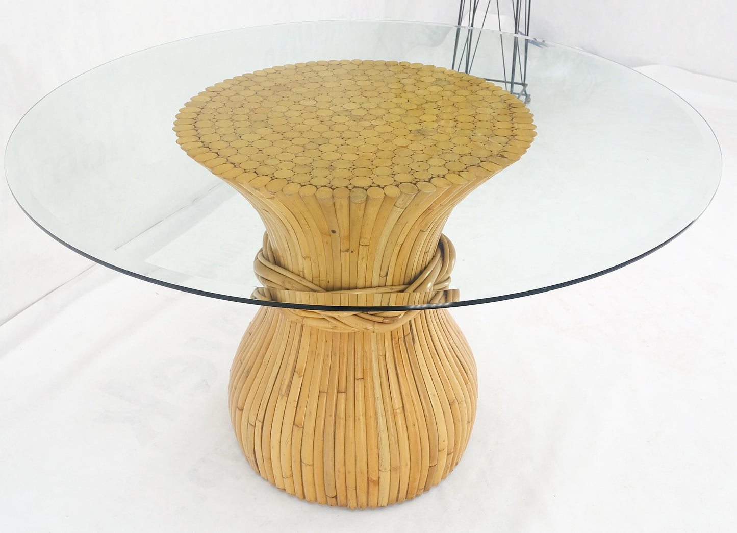 EstablishedLines Sheaf of Bamboo Round Glass Top Onion Shape Single Pedestal Dining Table MINT