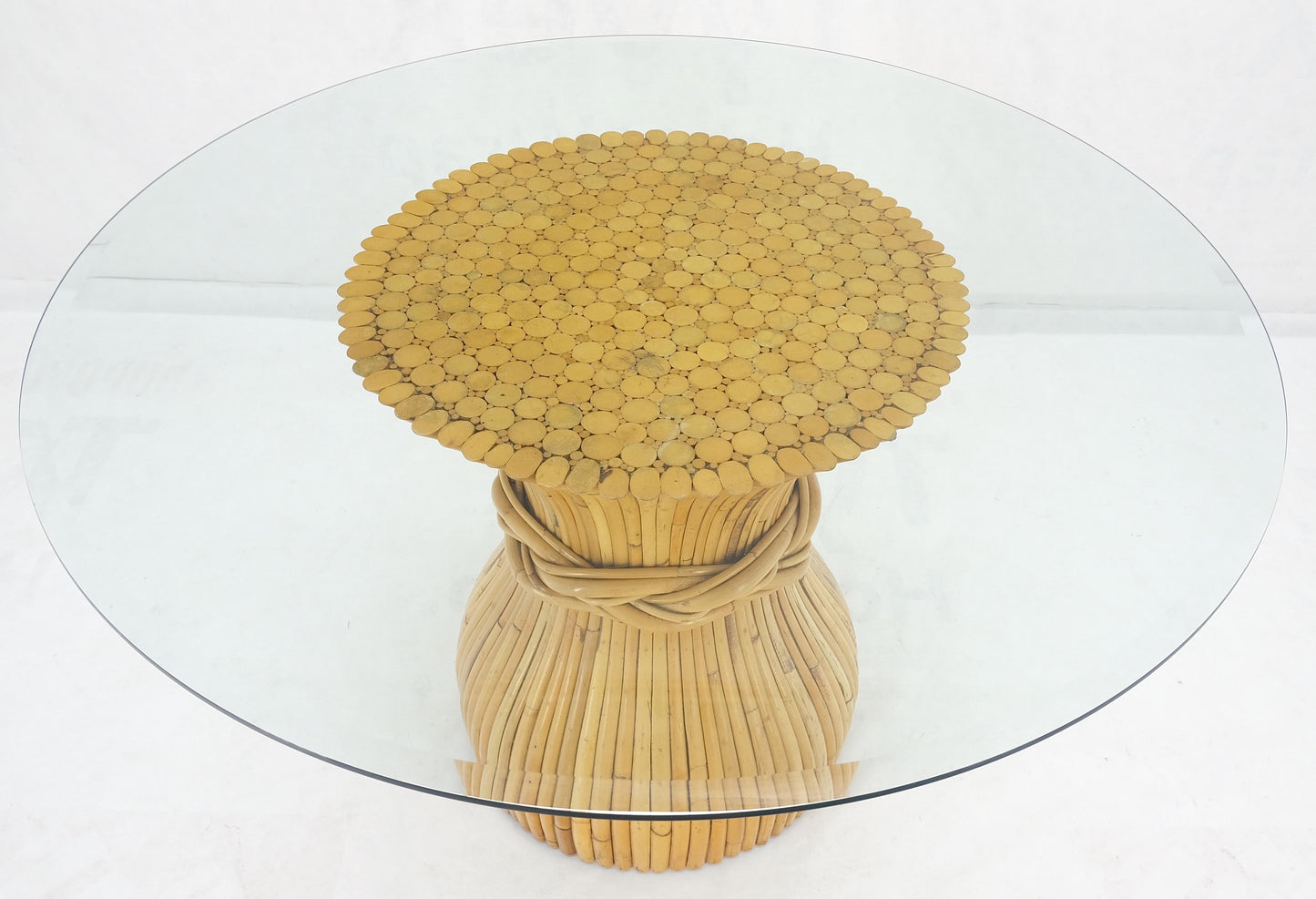EstablishedLines Sheaf of Bamboo Round Glass Top Onion Shape Single Pedestal Dining Table MINT