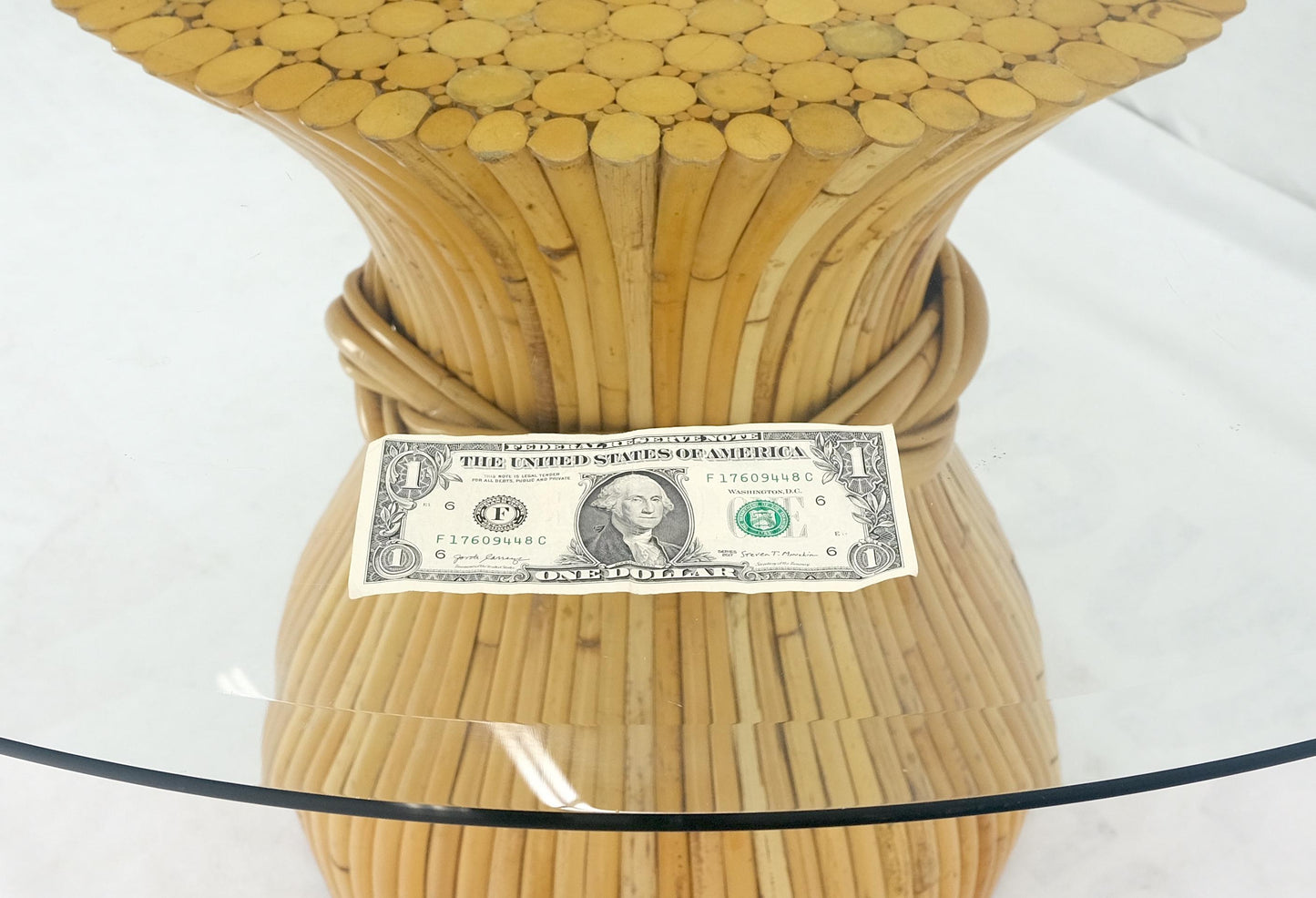 EstablishedLines Sheaf of Bamboo Round Glass Top Onion Shape Single Pedestal Dining Table MINT