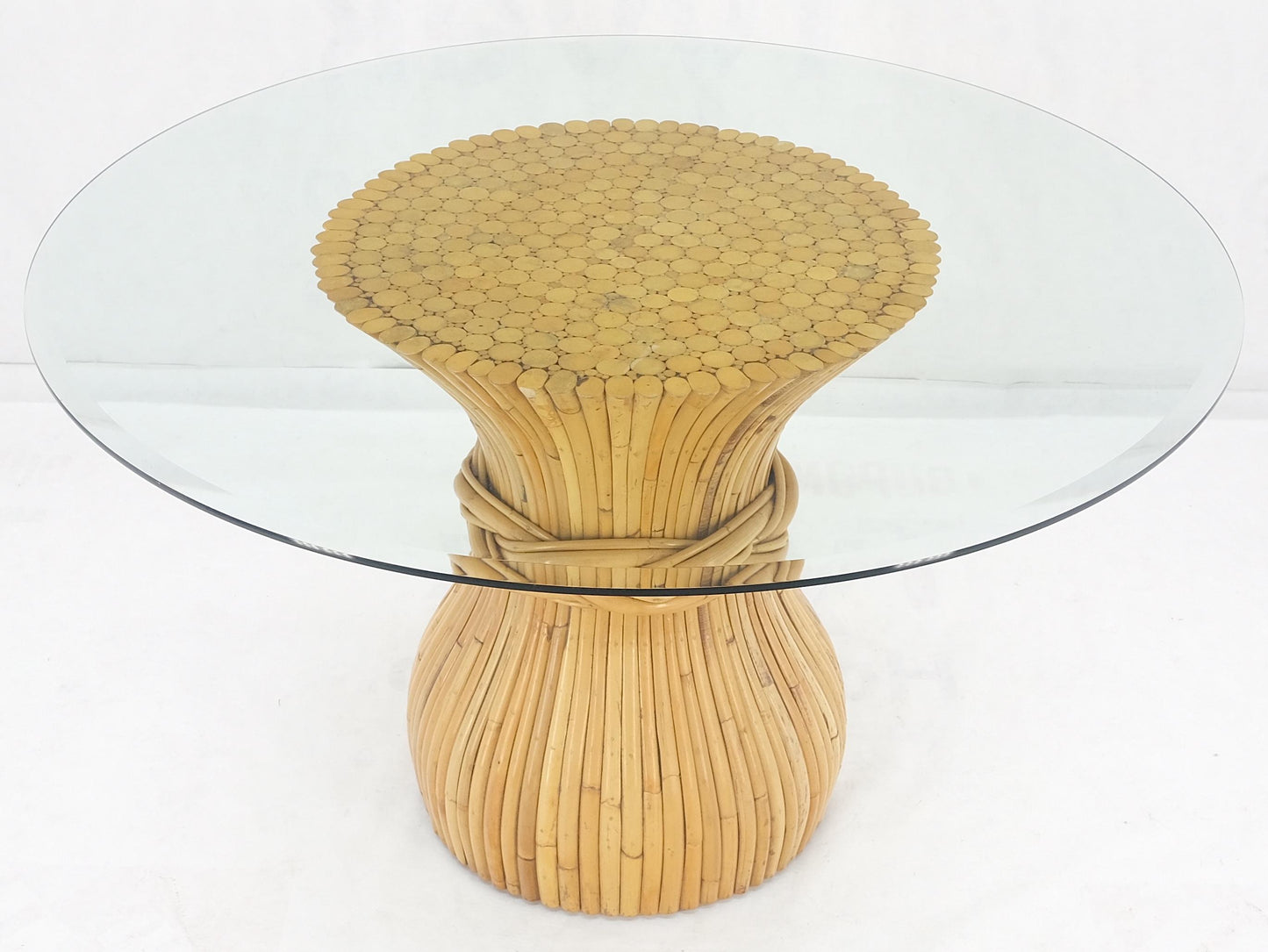 EstablishedLines Sheaf of Bamboo Round Glass Top Onion Shape Single Pedestal Dining Table MINT