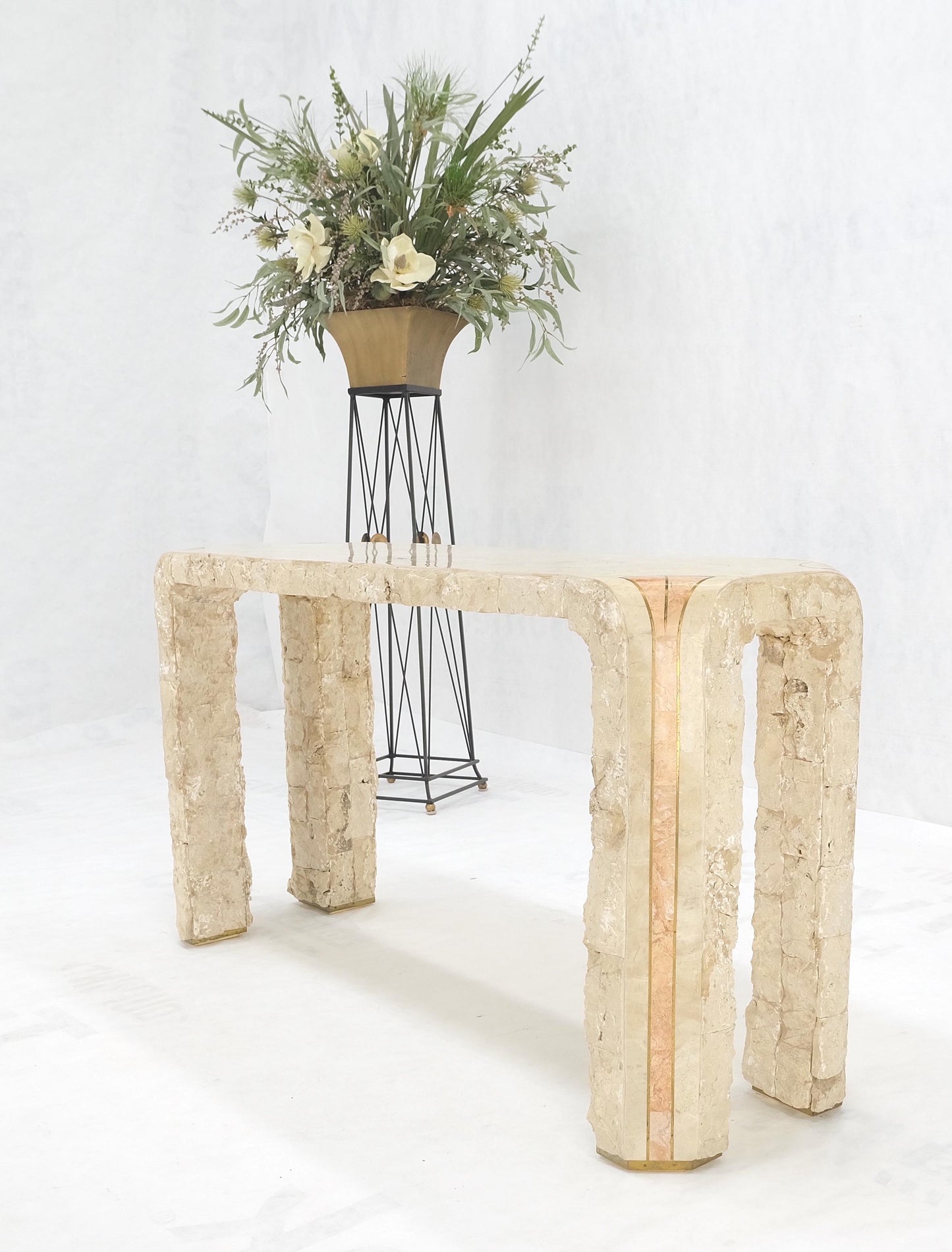 EstablishedLines Tesselated Stone Marble Brass Inlaid Console Sofa Entry Hall Table w/ Mirror