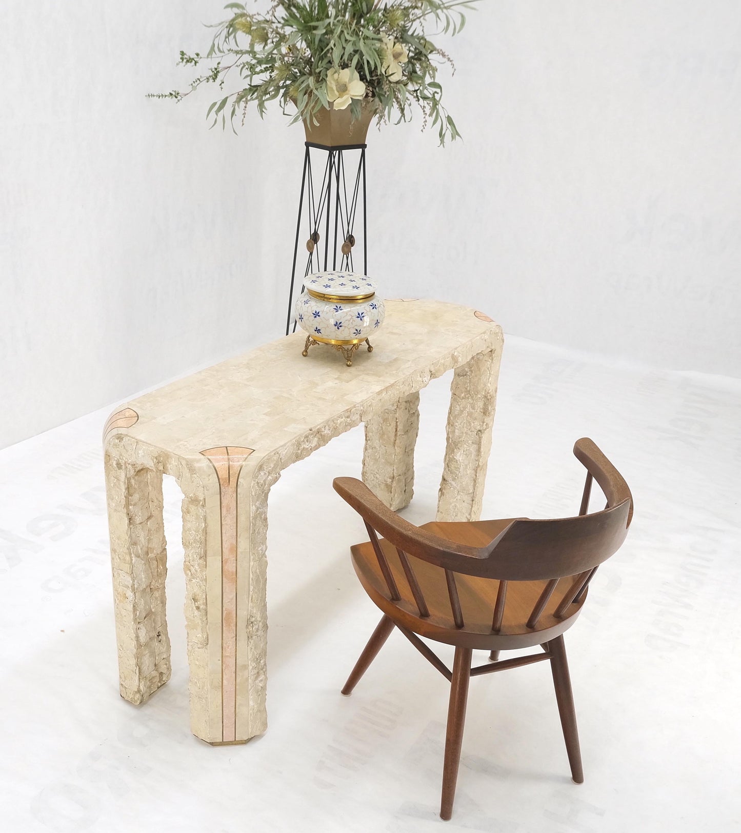 EstablishedLines Tesselated Stone Marble Brass Inlaid Console Sofa Entry Hall Table w/ Mirror