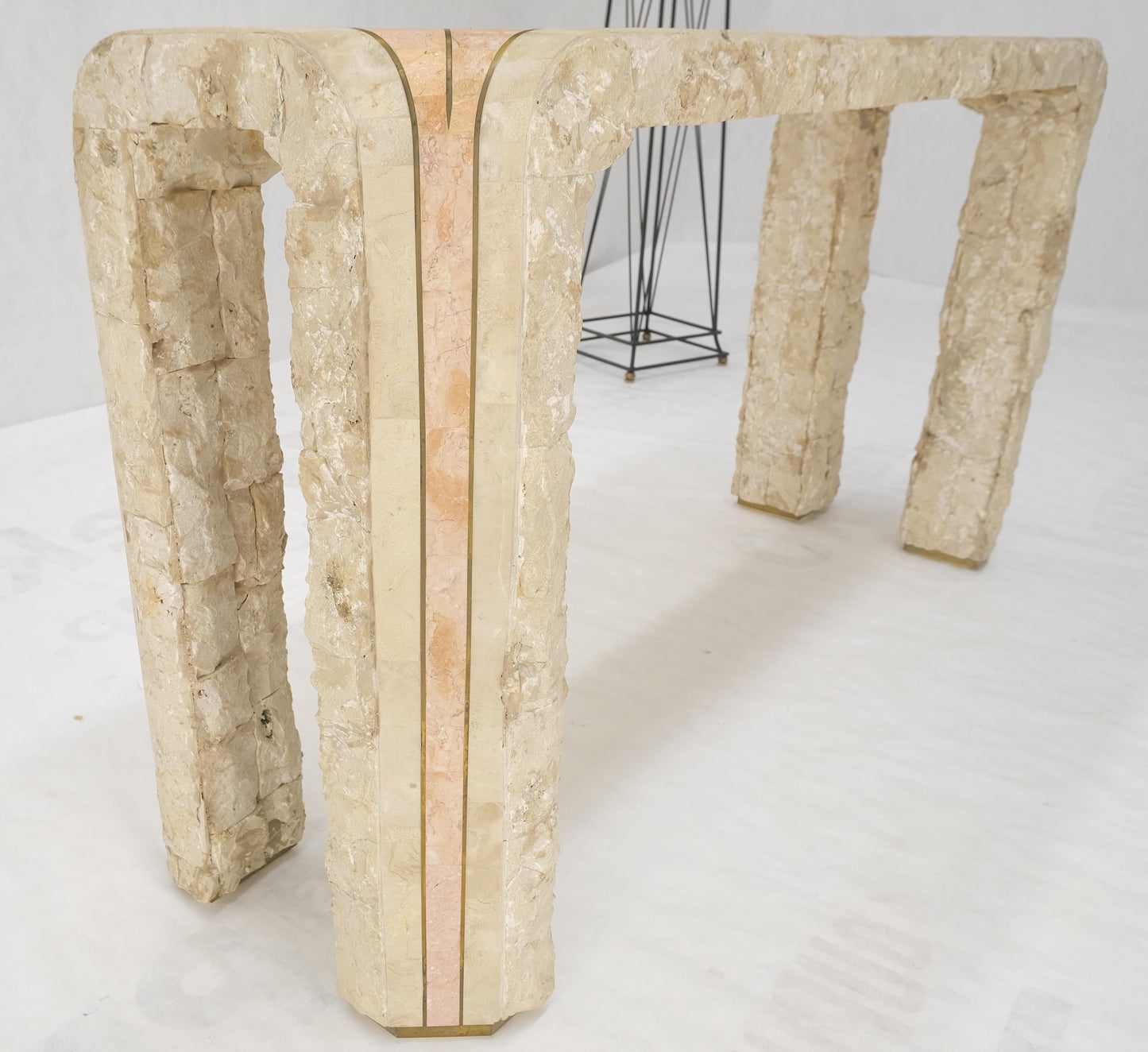 EstablishedLines Tesselated Stone Marble Brass Inlaid Console Sofa Entry Hall Table w/ Mirror