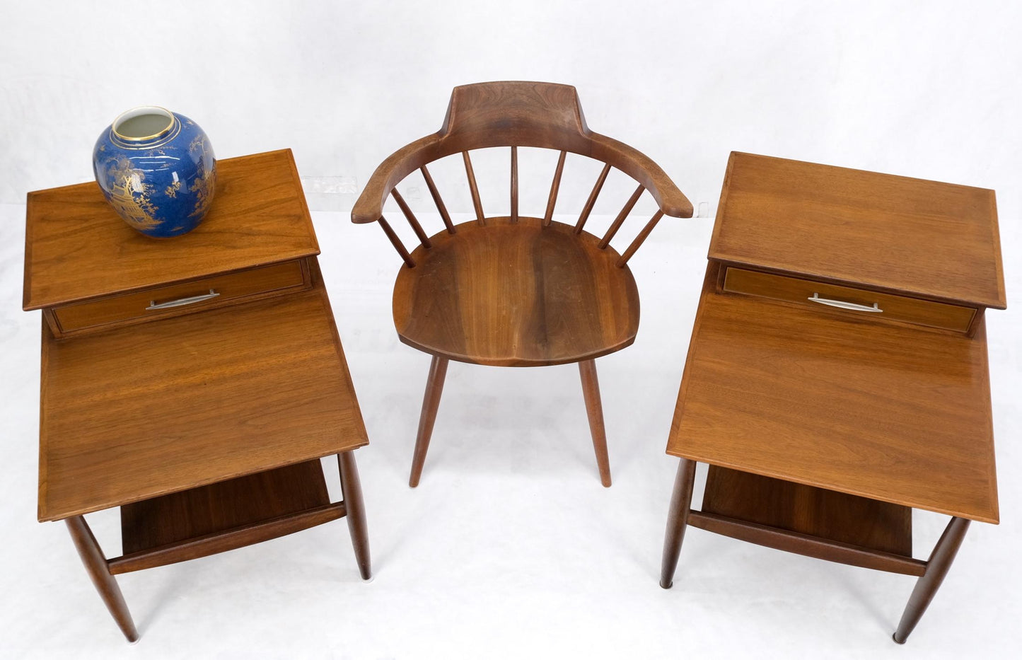 EstablishedLines Pair Walnut American Mid-Century Modern One Drawer Step End Tables Stands Mint!