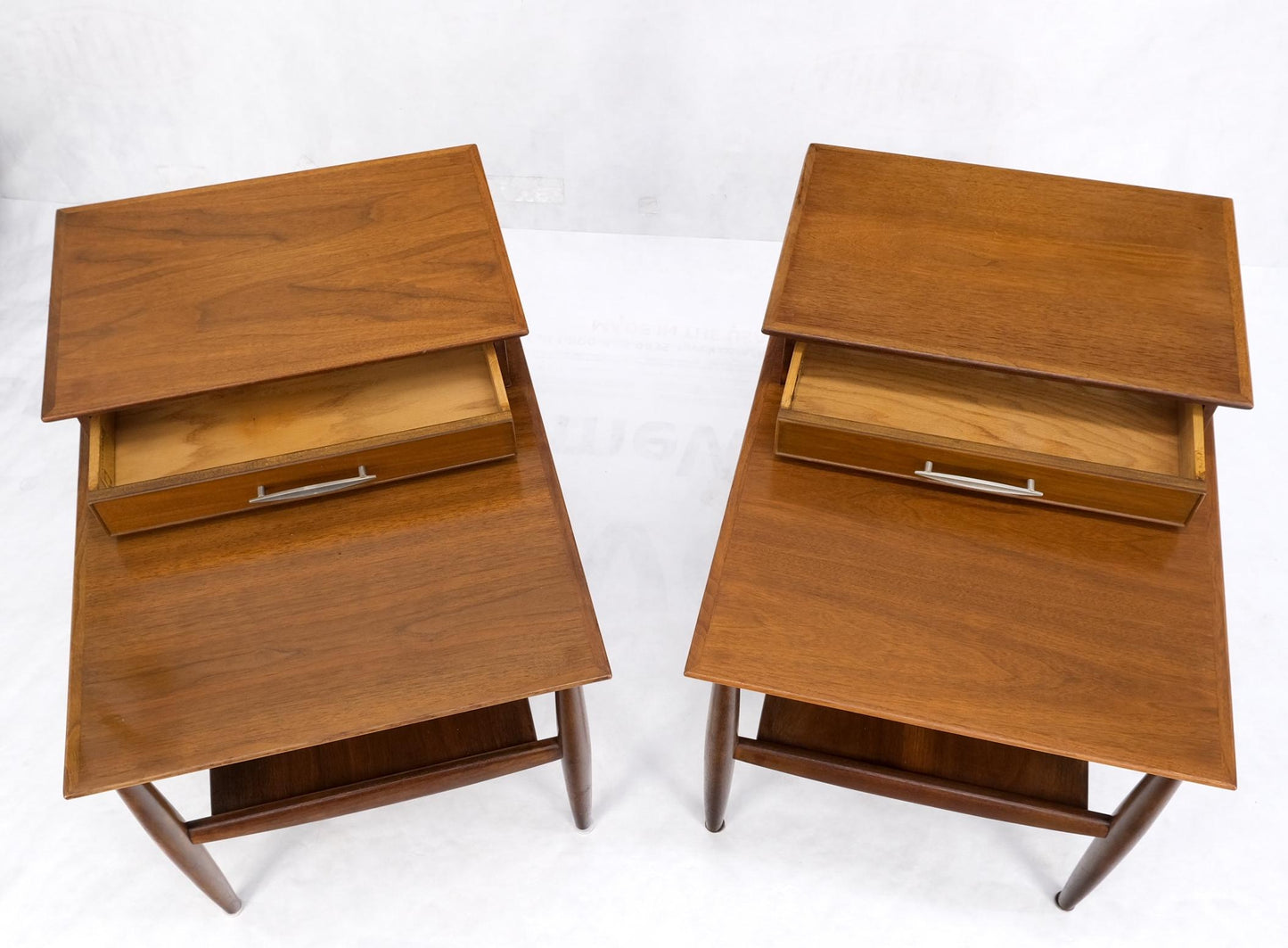 EstablishedLines Pair Walnut American Mid-Century Modern One Drawer Step End Tables Stands Mint!