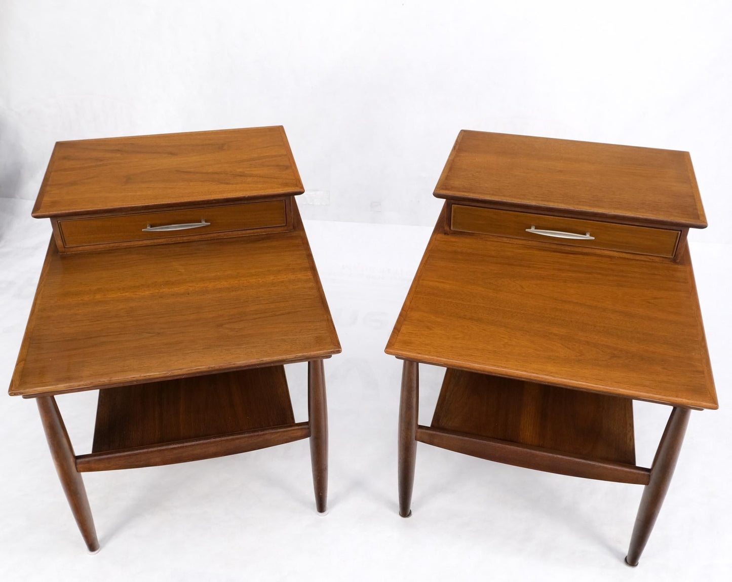 EstablishedLines Pair Walnut American Mid-Century Modern One Drawer Step End Tables Stands Mint!
