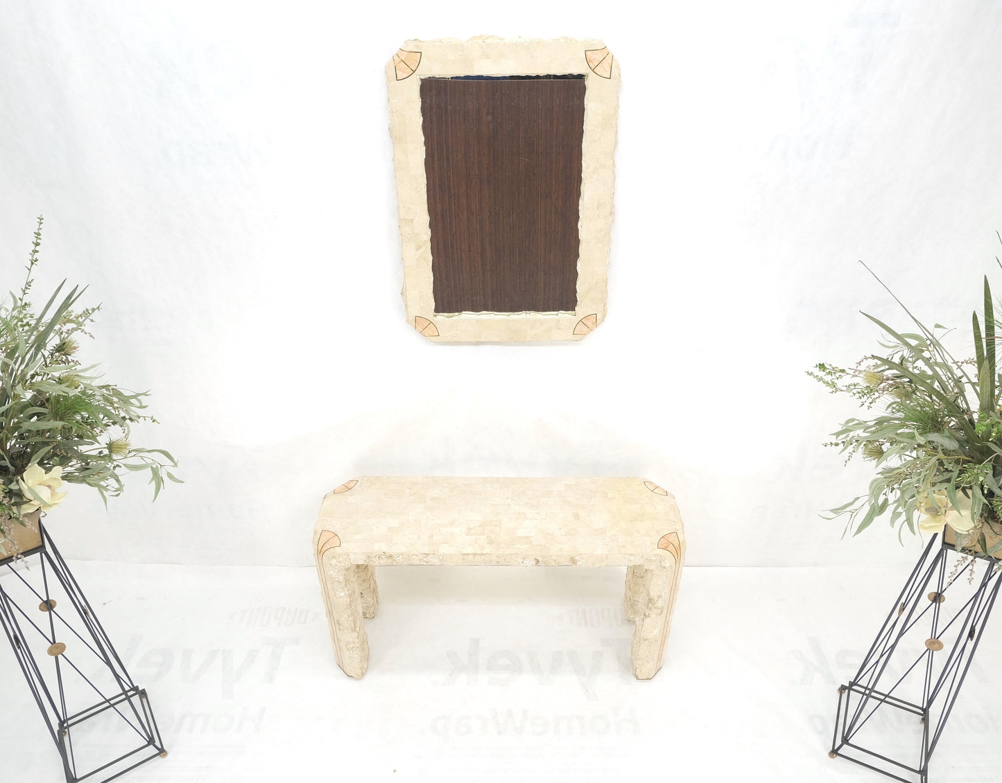 EstablishedLines Tesselated Stone Marble Brass Inlaid Console Sofa Entry Hall Table w/ Mirror