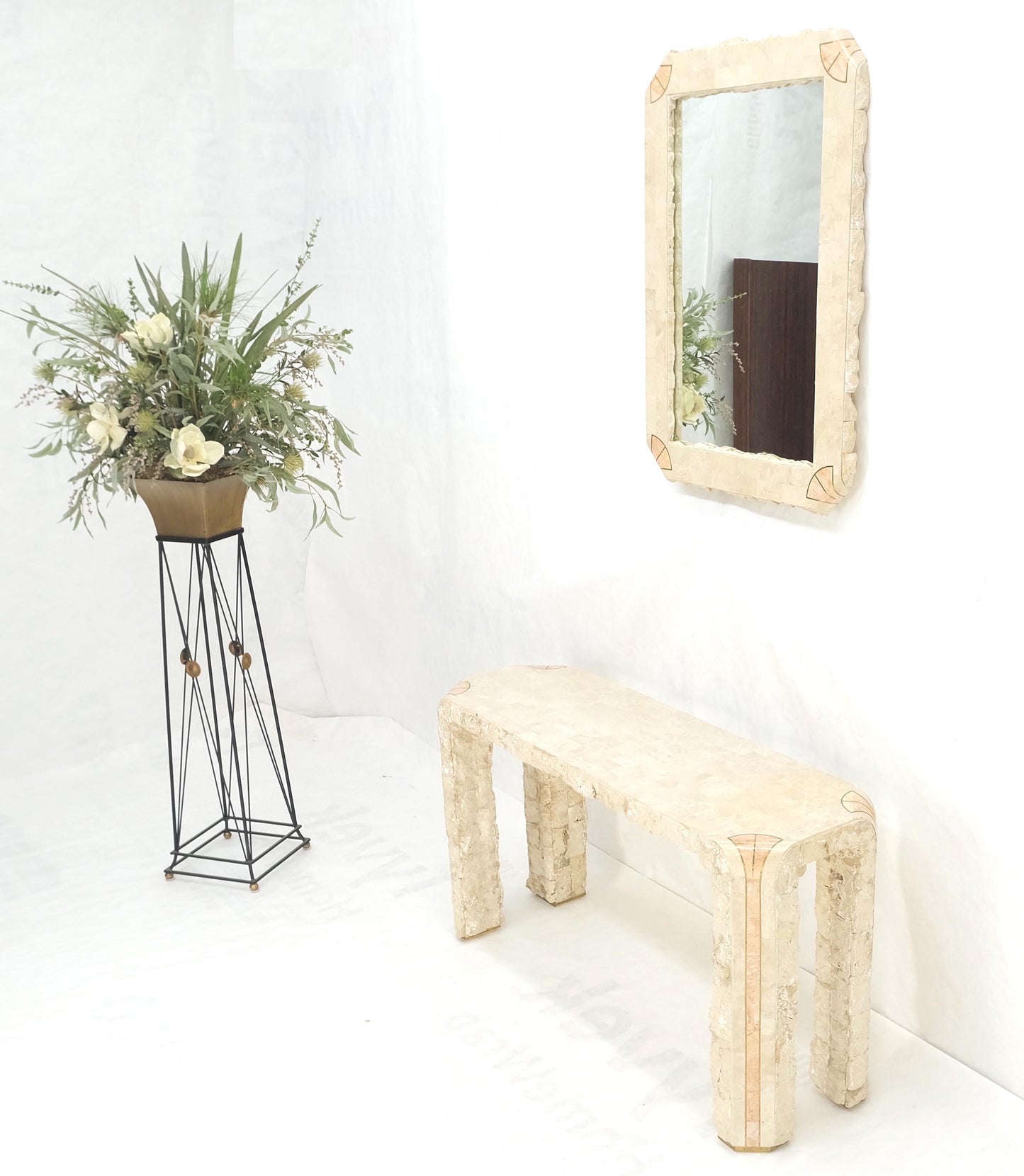 EstablishedLines Tesselated Stone Marble Brass Inlaid Console Sofa Entry Hall Table w/ Mirror