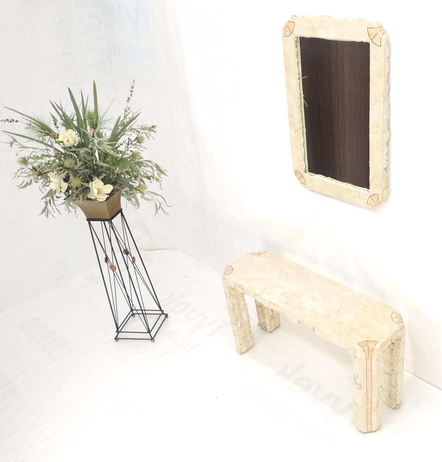 EstablishedLines Tesselated Stone Marble Brass Inlaid Console Sofa Entry Hall Table w/ Mirror