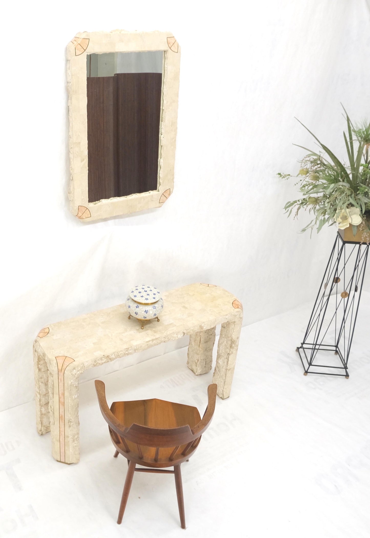 EstablishedLines Tesselated Stone Marble Brass Inlaid Console Sofa Entry Hall Table w/ Mirror
