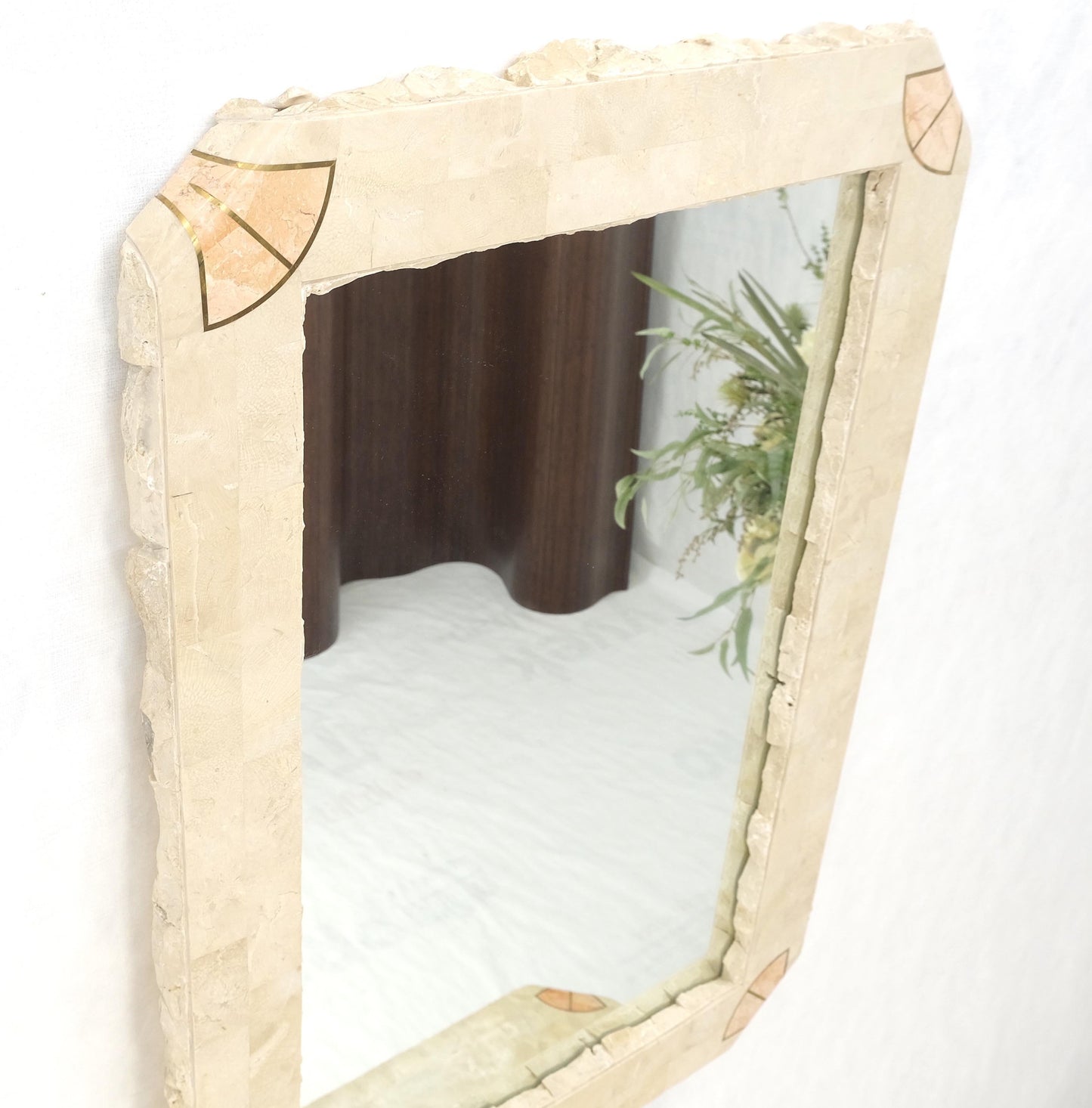 EstablishedLines Tesselated Stone Marble Brass Inlaid Console Sofa Entry Hall Table w/ Mirror
