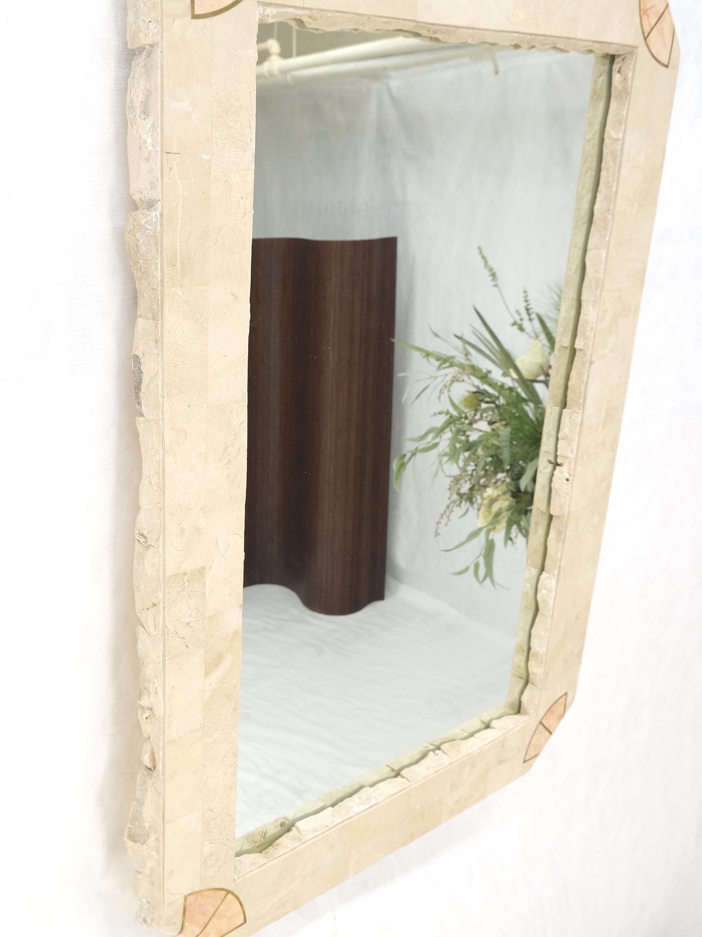 EstablishedLines Tesselated Stone Marble Brass Inlaid Console Sofa Entry Hall Table w/ Mirror
