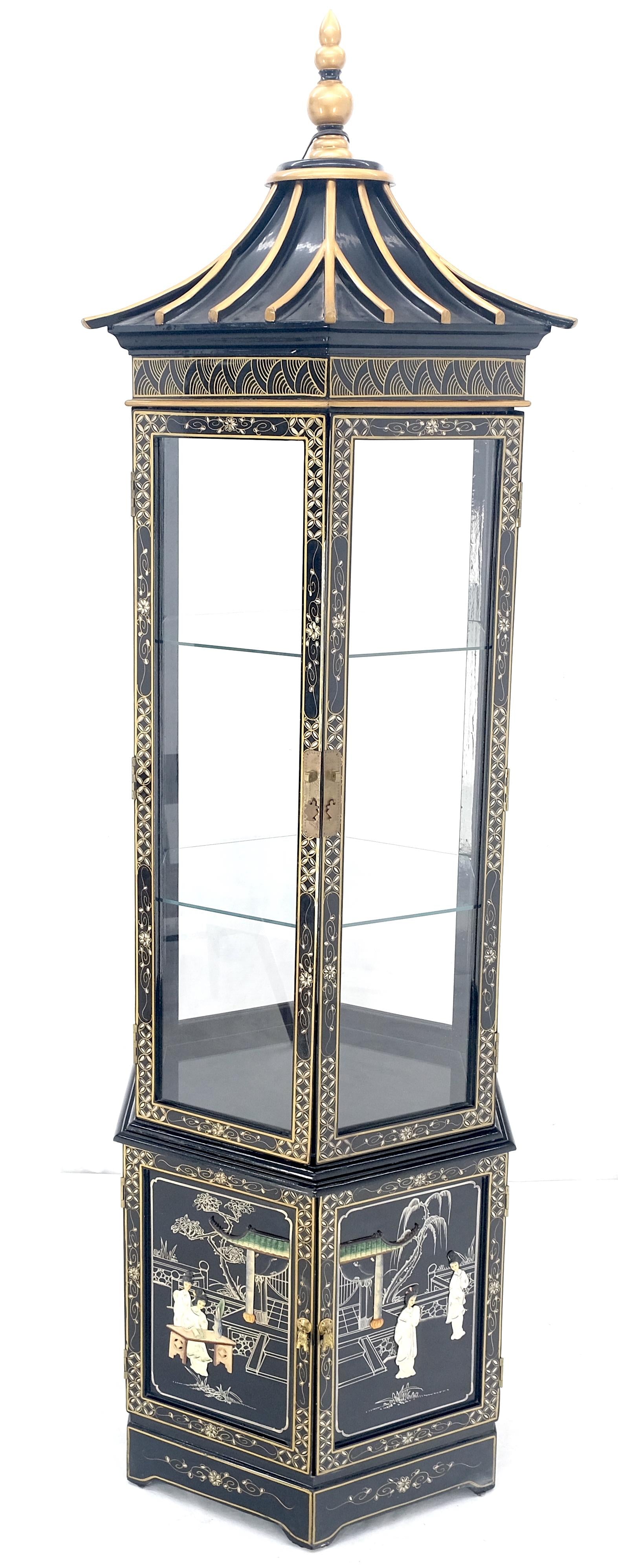 EstablishedLines Chinese Black Lacquer Round Hexagon Pagoda Top Mother of Pearl Showcase Display