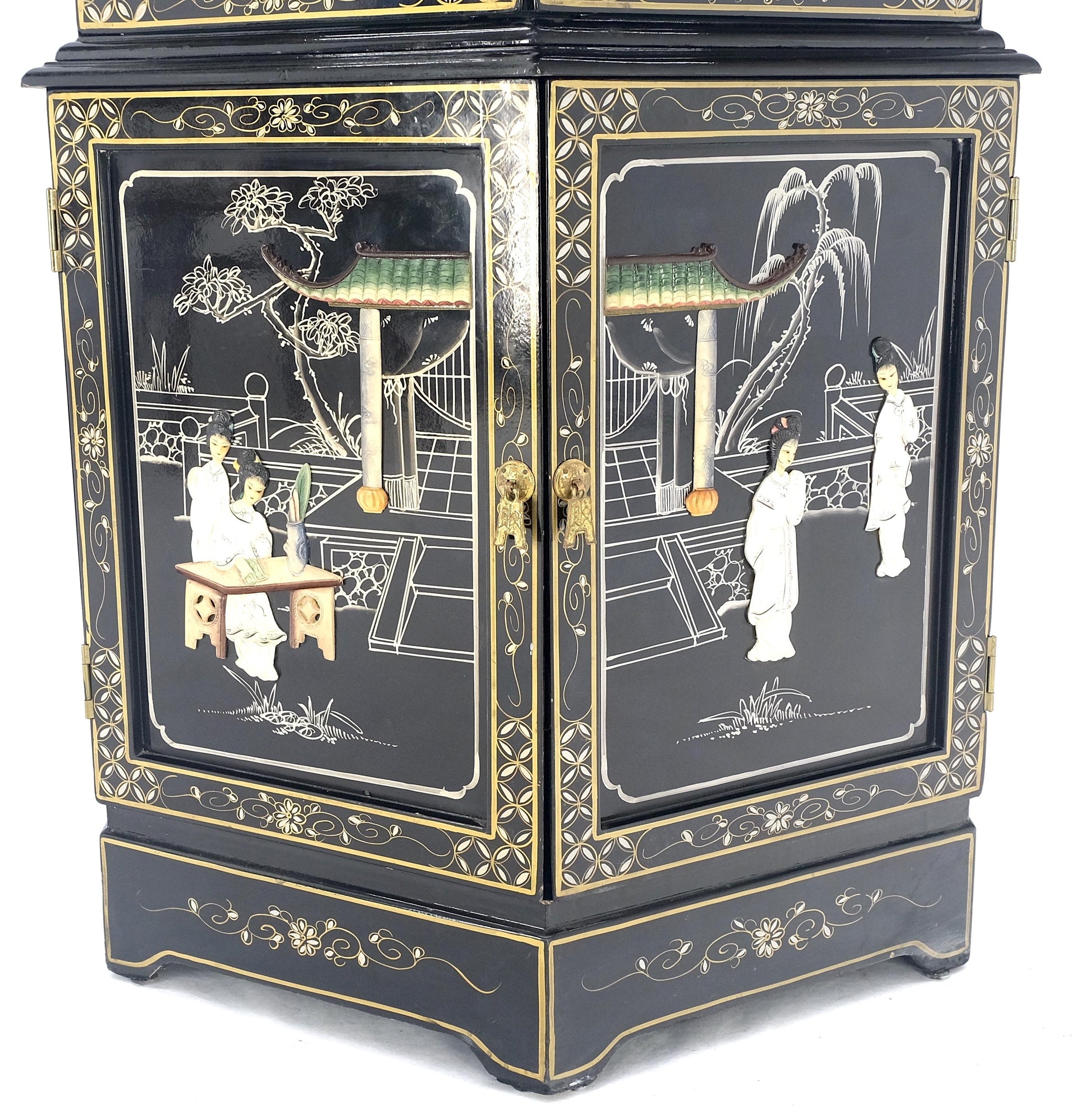 EstablishedLines Chinese Black Lacquer Round Hexagon Pagoda Top Mother of Pearl Showcase Display