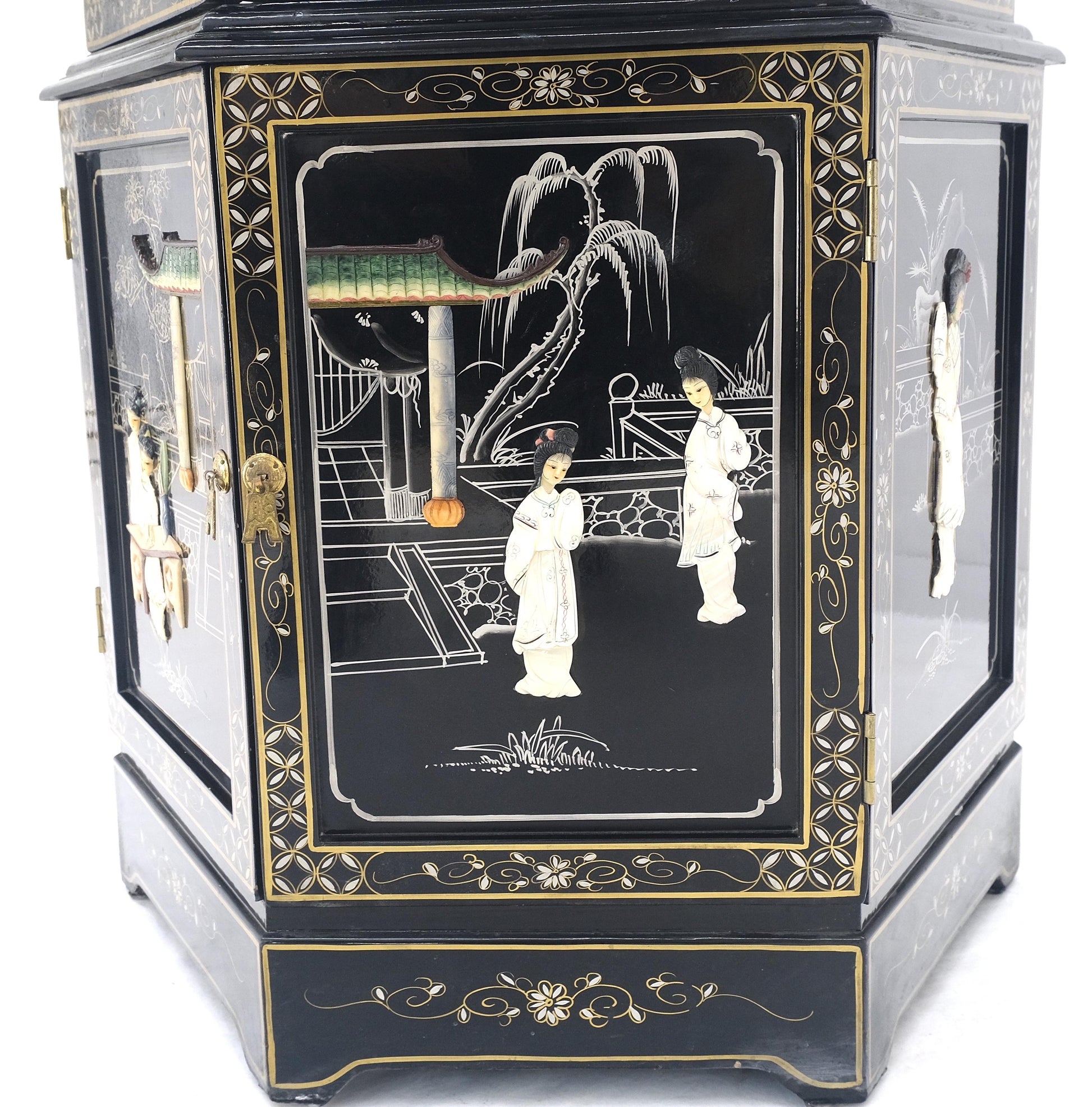 EstablishedLines Chinese Black Lacquer Round Hexagon Pagoda Top Mother of Pearl Showcase Display