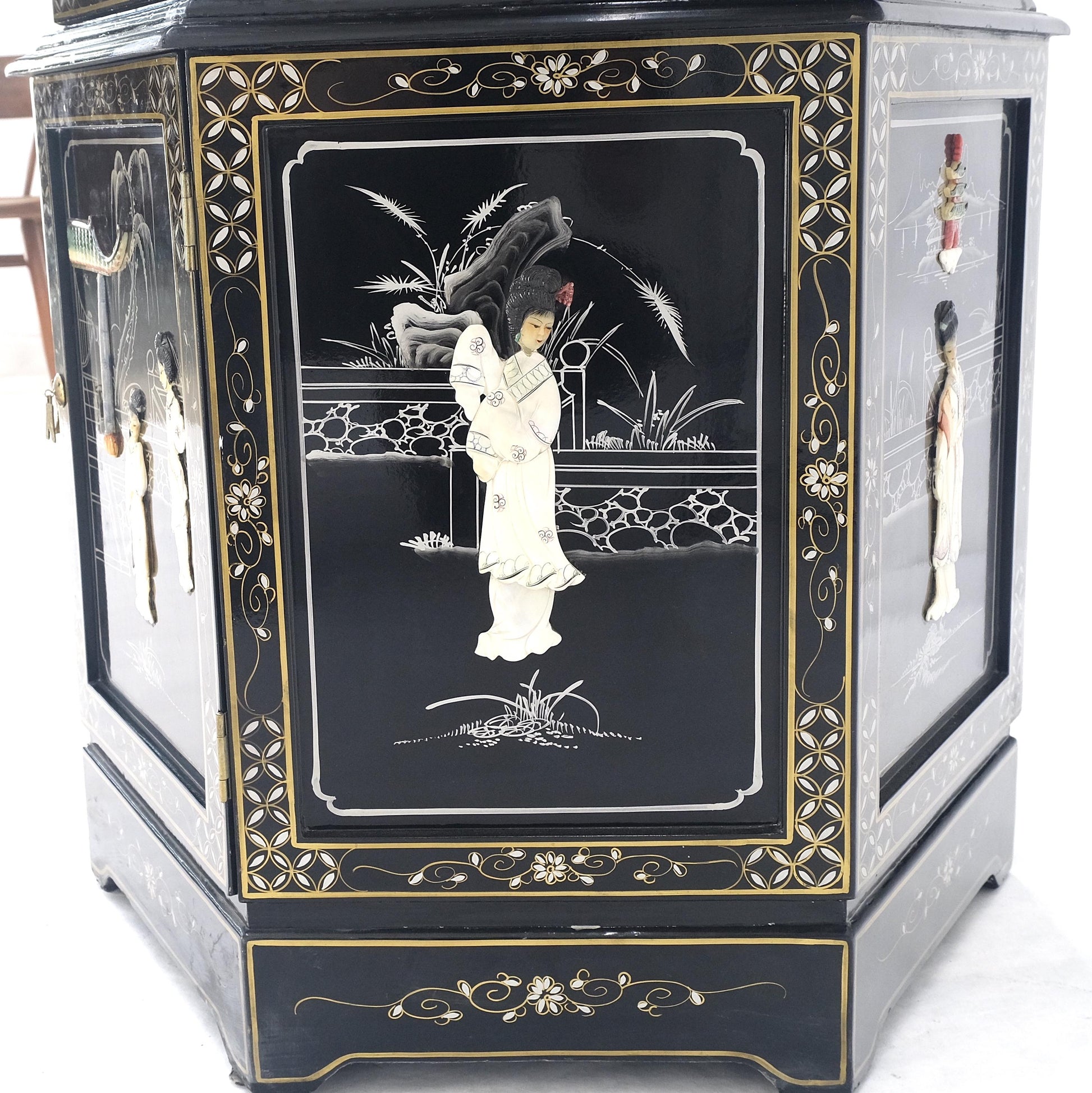 EstablishedLines Chinese Black Lacquer Round Hexagon Pagoda Top Mother of Pearl Showcase Display