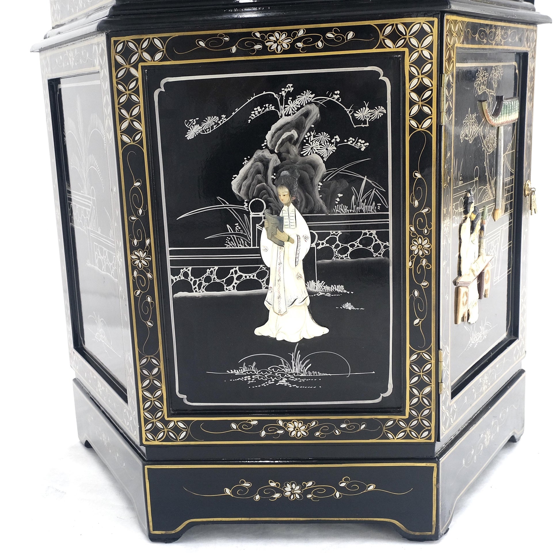 EstablishedLines Chinese Black Lacquer Round Hexagon Pagoda Top Mother of Pearl Showcase Display