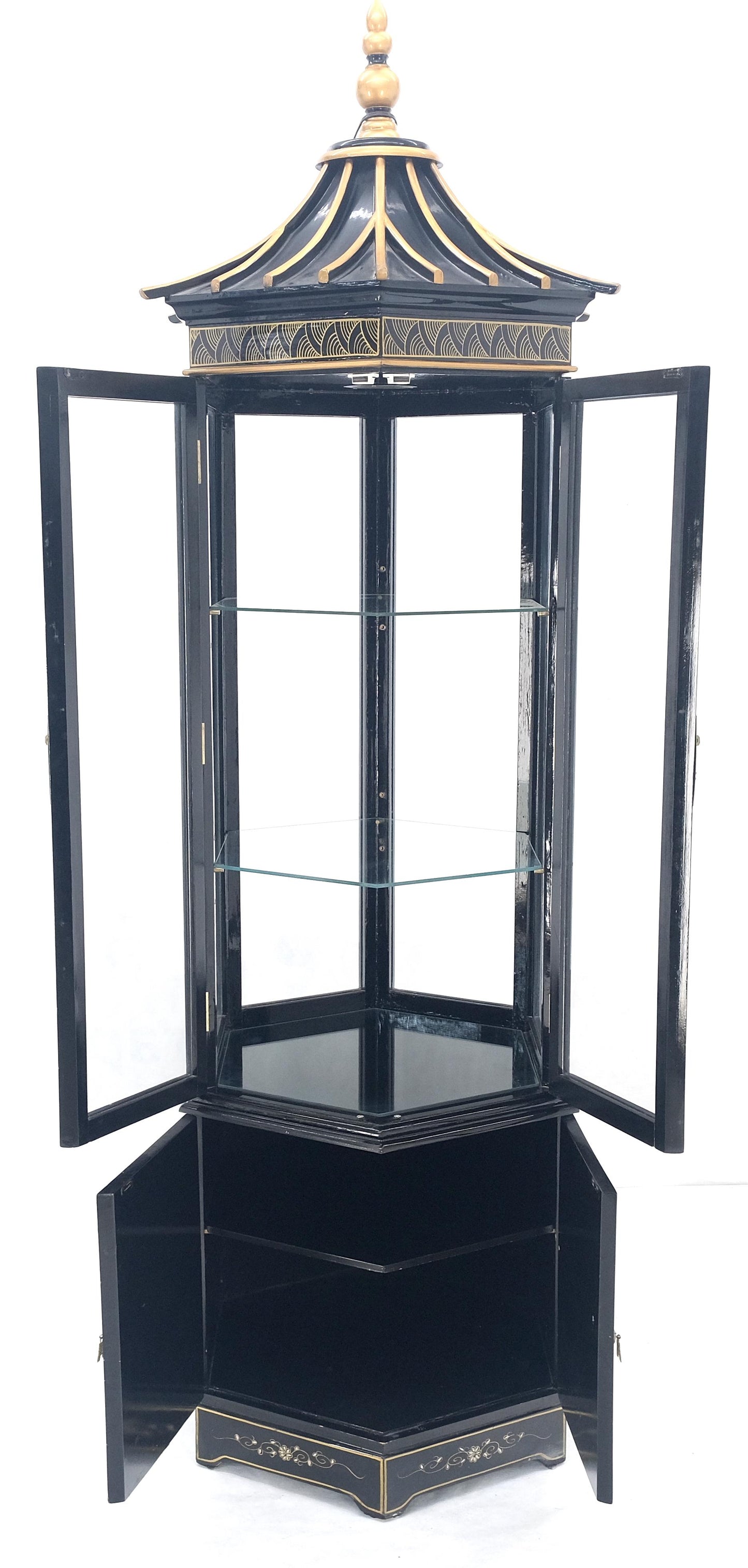 EstablishedLines Chinese Black Lacquer Round Hexagon Pagoda Top Mother of Pearl Showcase Display