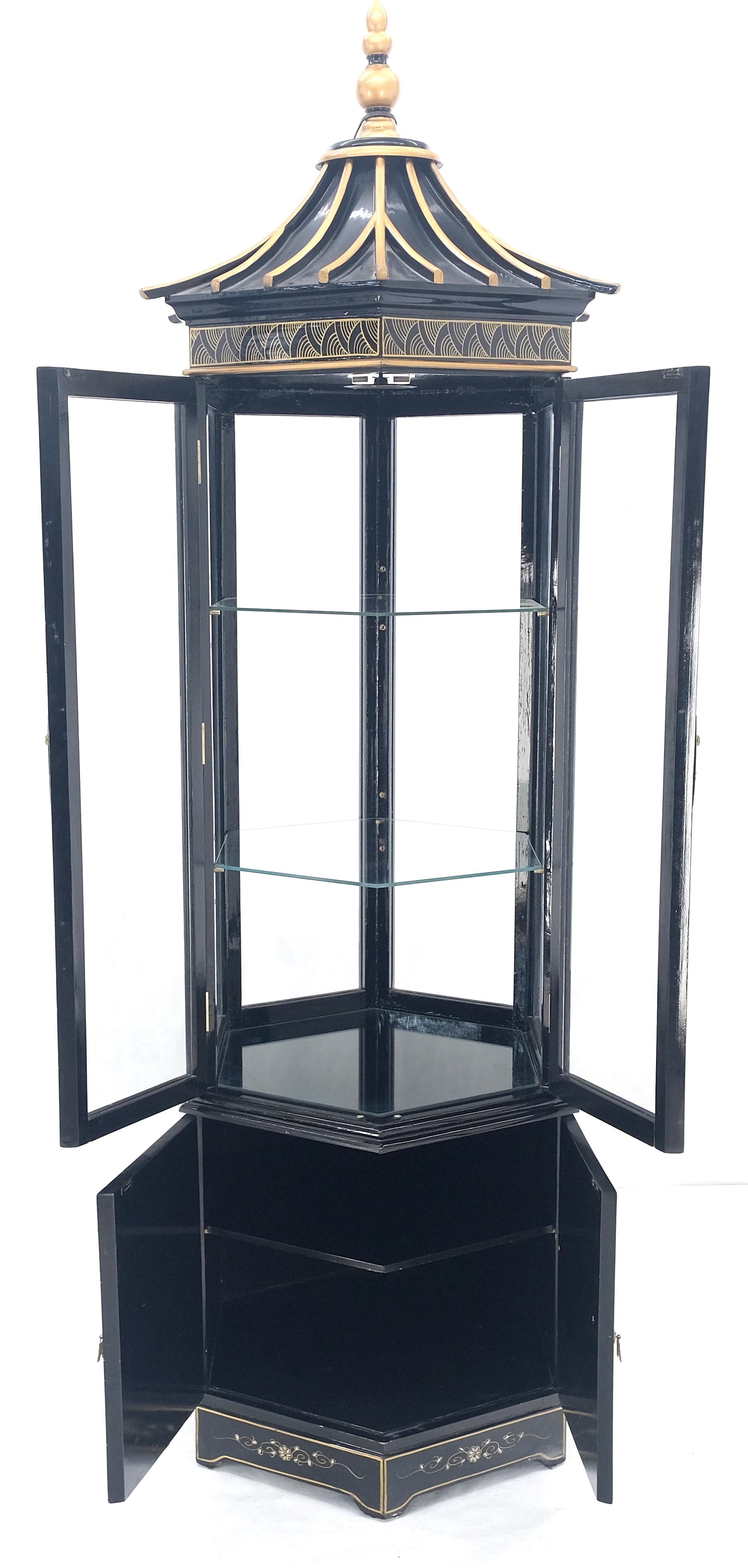 EstablishedLines Chinese Black Lacquer Round Hexagon Pagoda Top Mother of Pearl Showcase Display