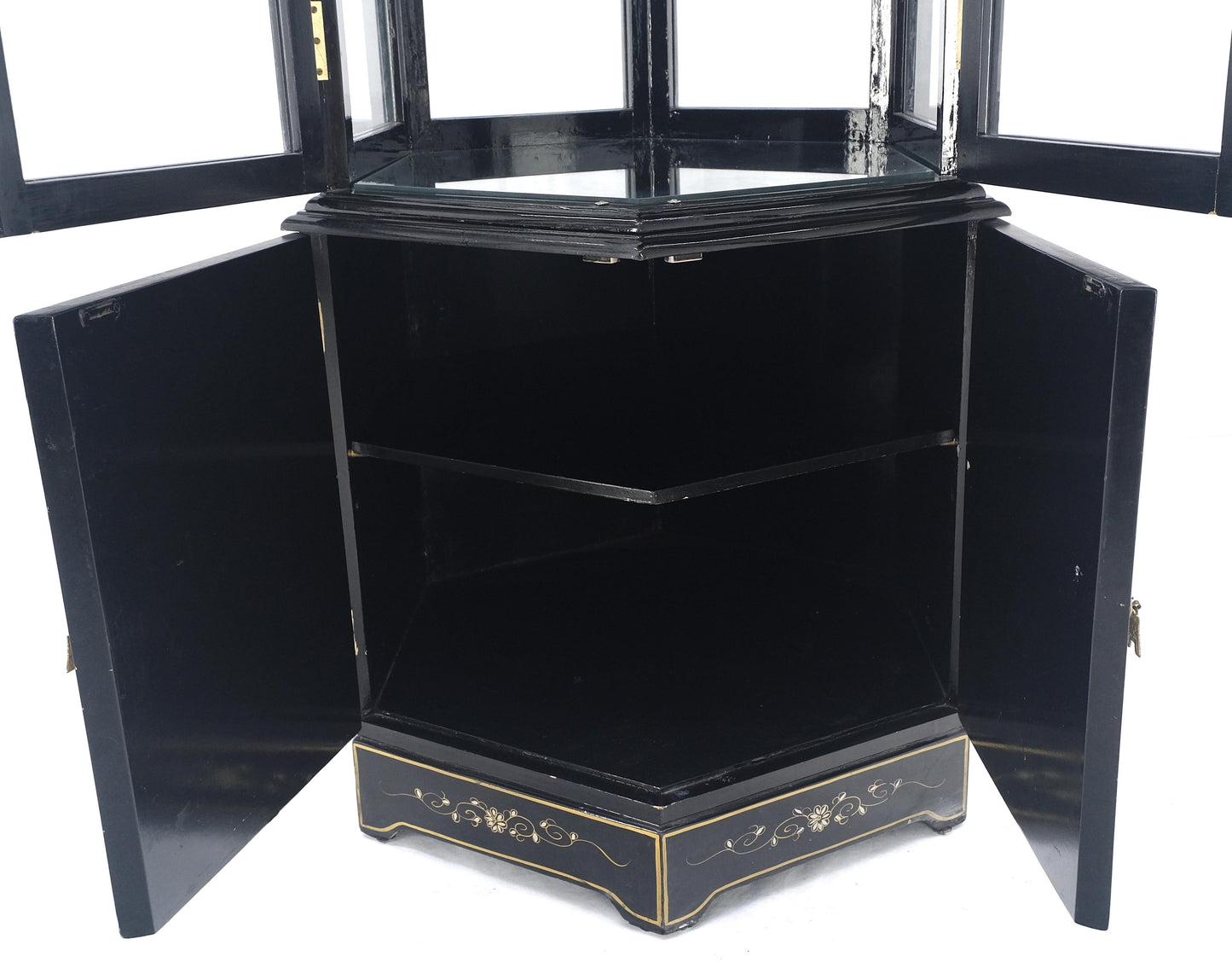 EstablishedLines Chinese Black Lacquer Round Hexagon Pagoda Top Mother of Pearl Showcase Display