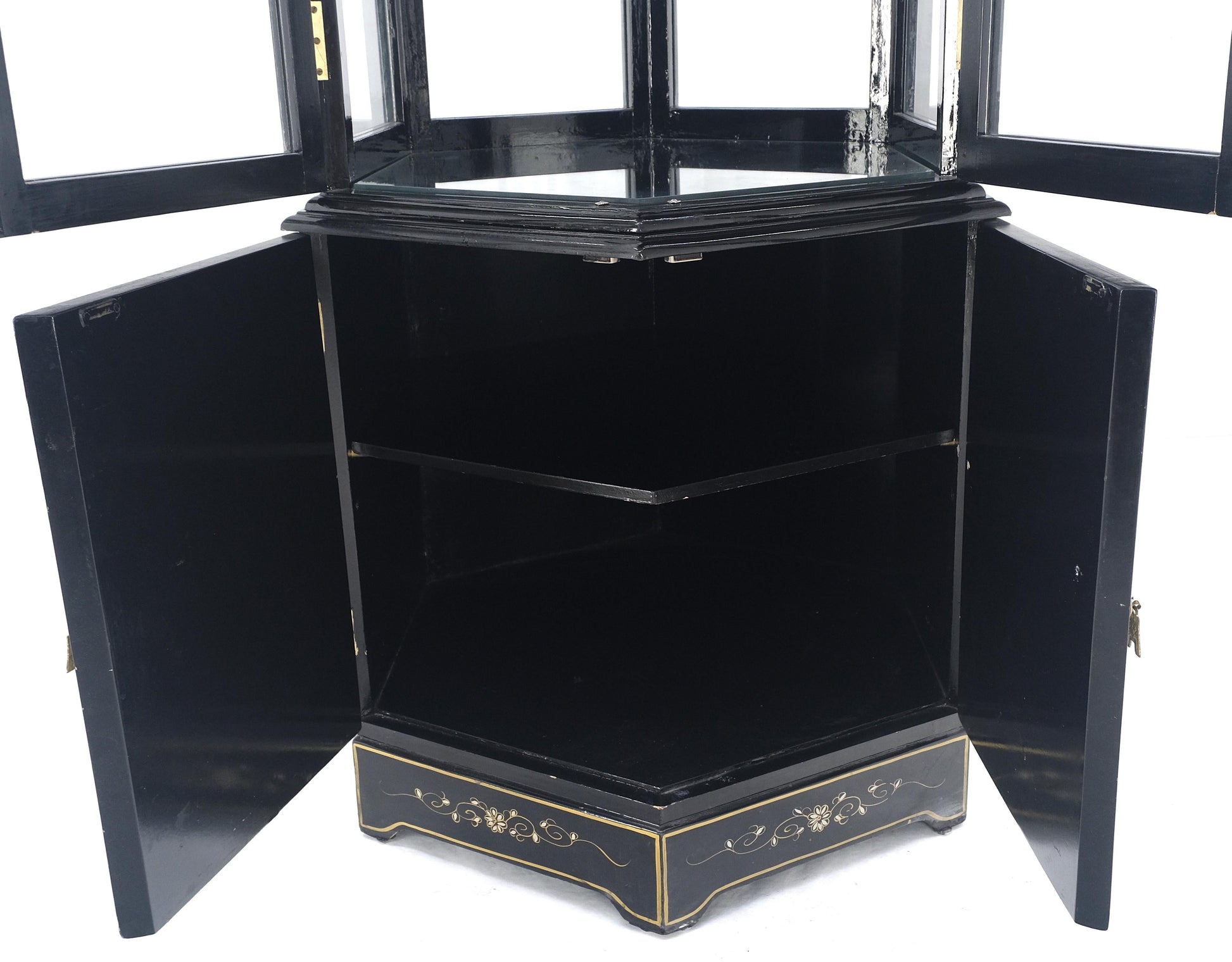 EstablishedLines Chinese Black Lacquer Round Hexagon Pagoda Top Mother of Pearl Showcase Display