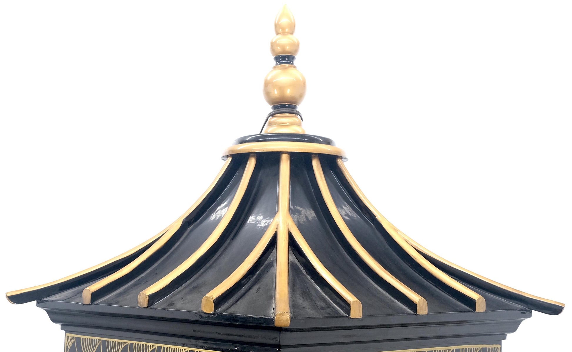 EstablishedLines Chinese Black Lacquer Round Hexagon Pagoda Top Mother of Pearl Showcase Display