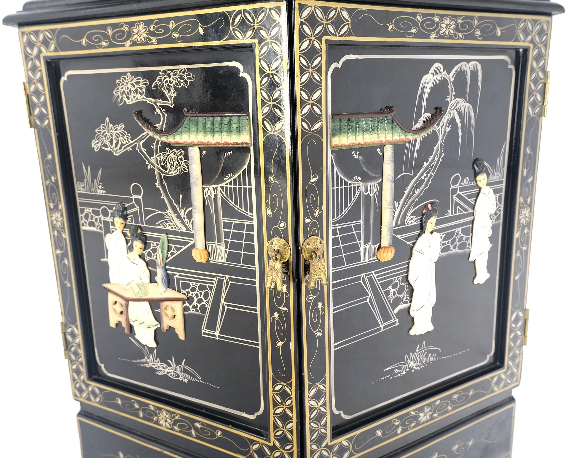 EstablishedLines Chinese Black Lacquer Round Hexagon Pagoda Top Mother of Pearl Showcase Display